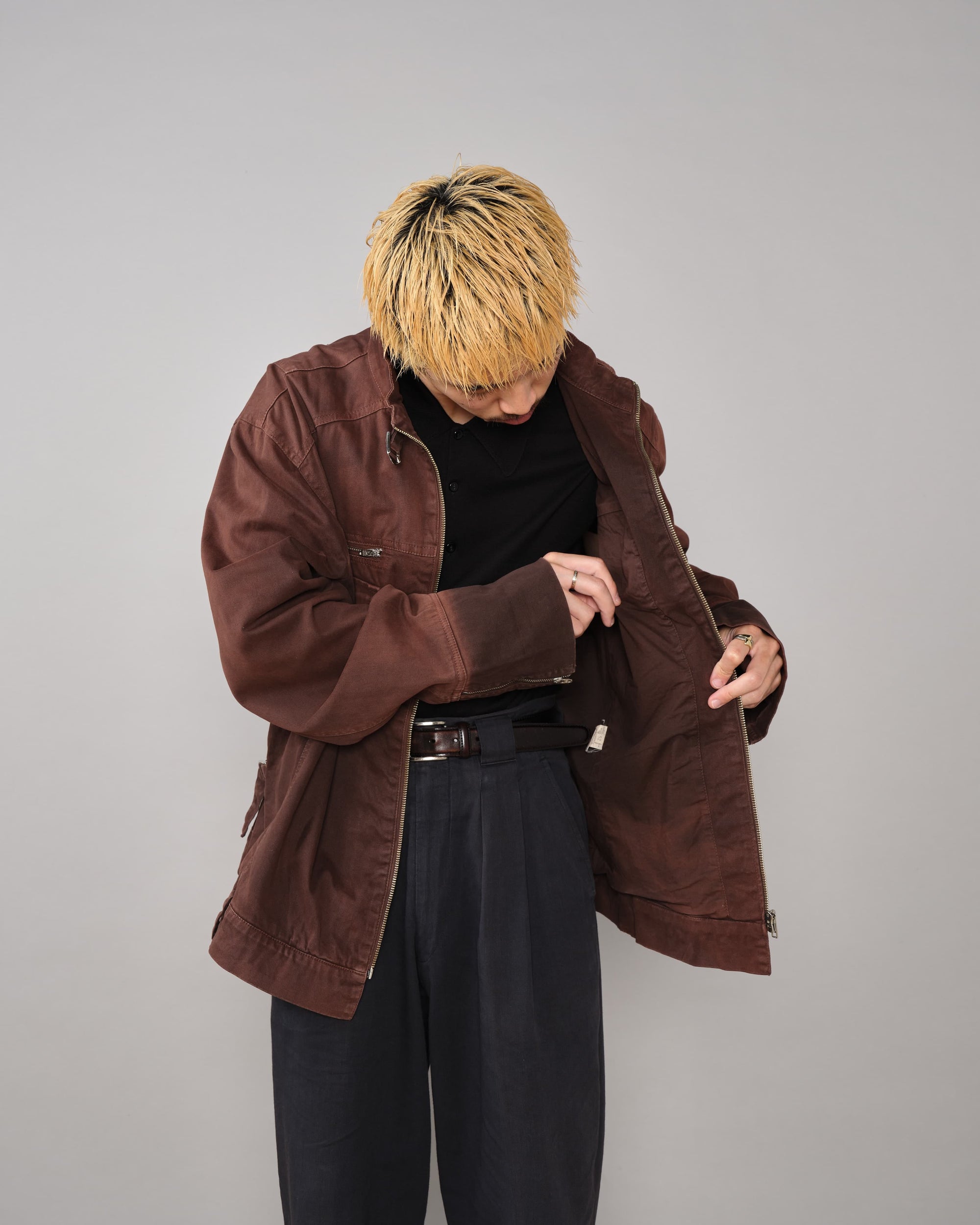 【~80’s】Italian Vintage Brown Cotton Elastane Zip Up Jacket Size.52