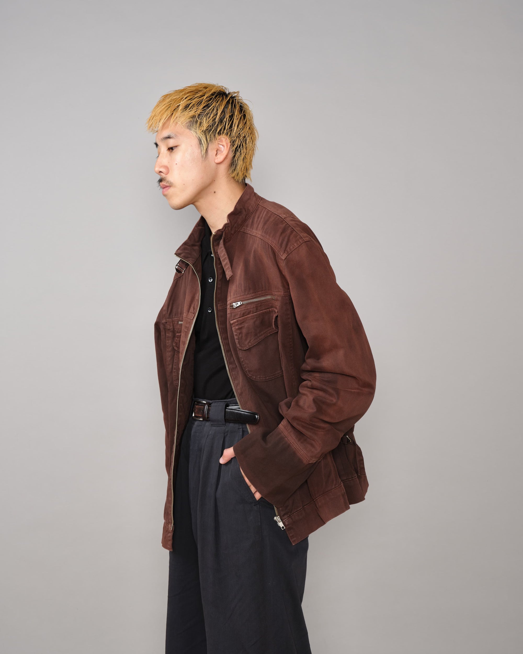 【~80’s】Italian Vintage Brown Cotton Elastane Zip Up Jacket Size.52