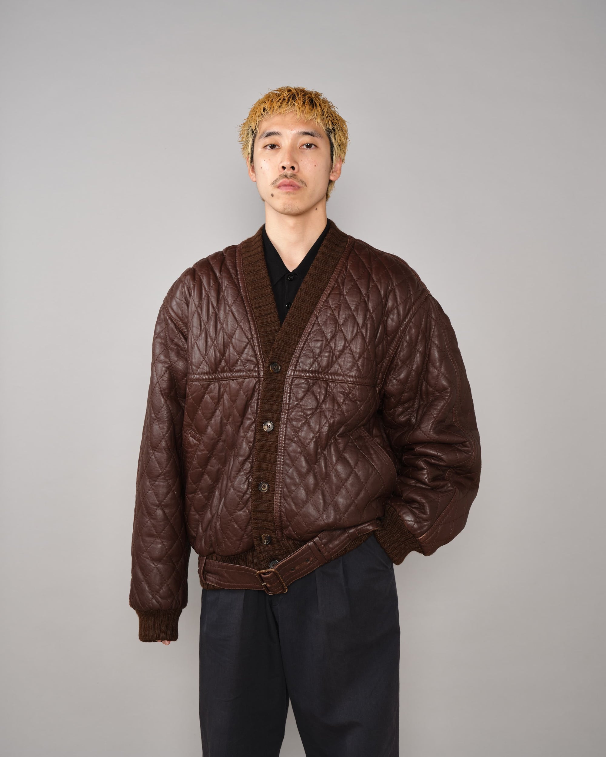 【~90's】Old VALENTINO Quilt Lined Leather Belted Cardigan Jacket Size.52