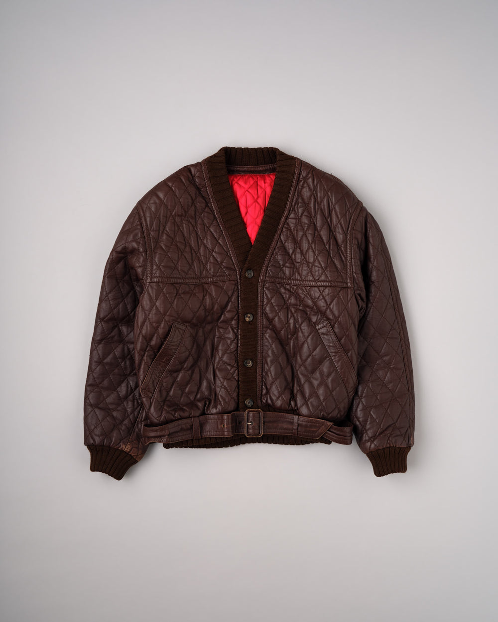 【~90's】Old VALENTINO Quilt Lined Leather Belted Cardigan Jacket Size.52
