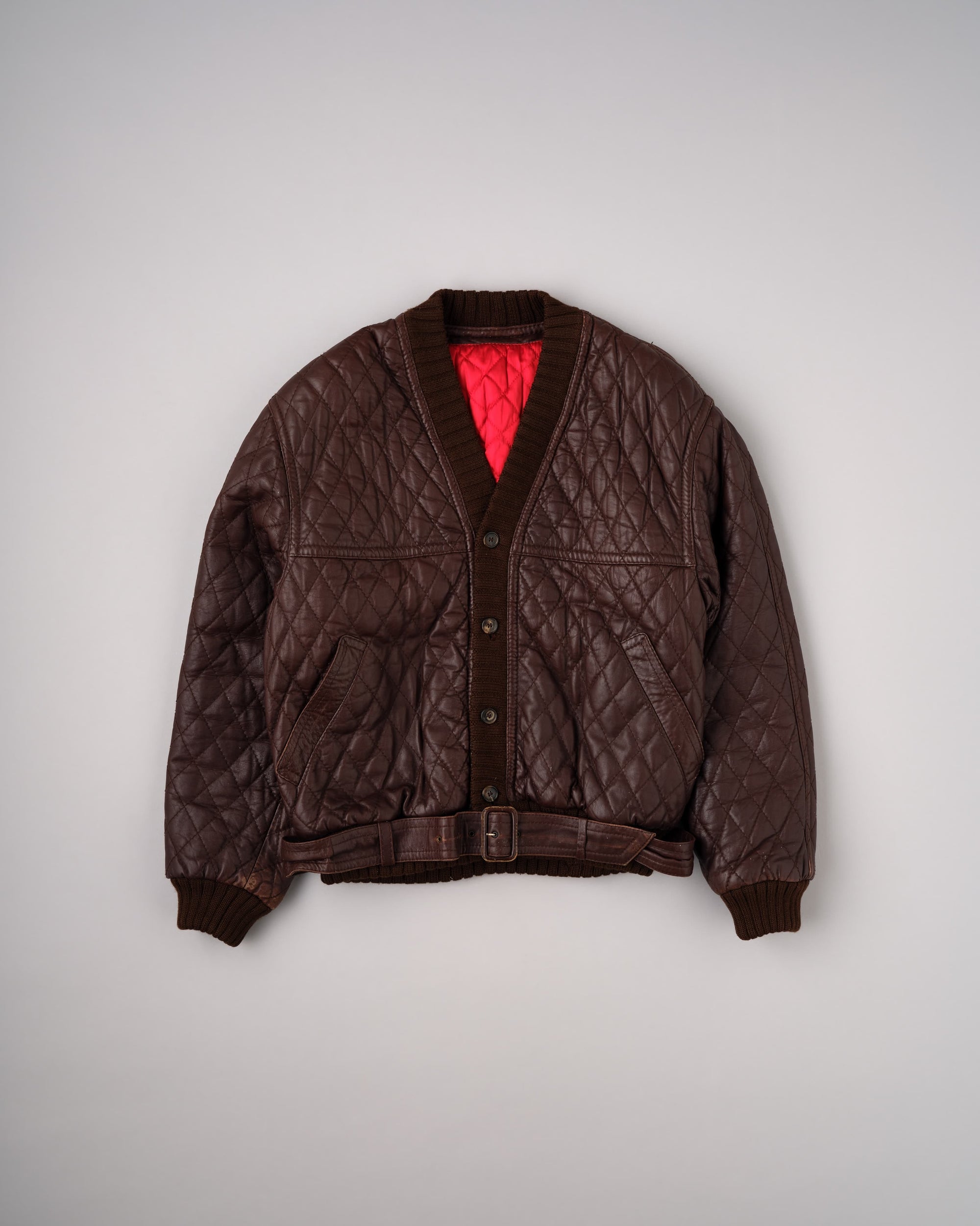 【~90's】Old VALENTINO Quilt Lined Leather Belted Cardigan Jacket Size.52