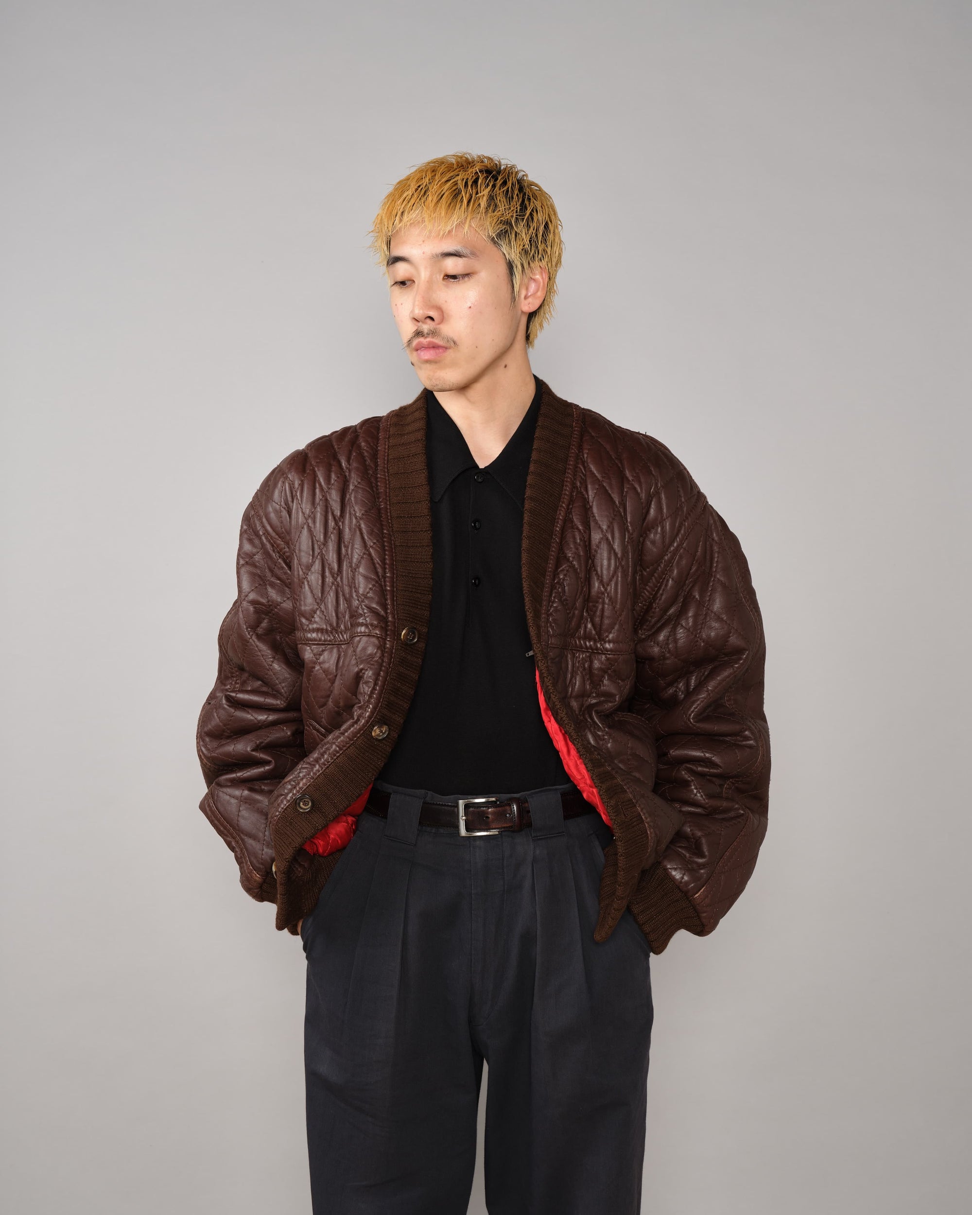 【~90's】Old VALENTINO Quilt Lined Leather Belted Cardigan Jacket Size.52