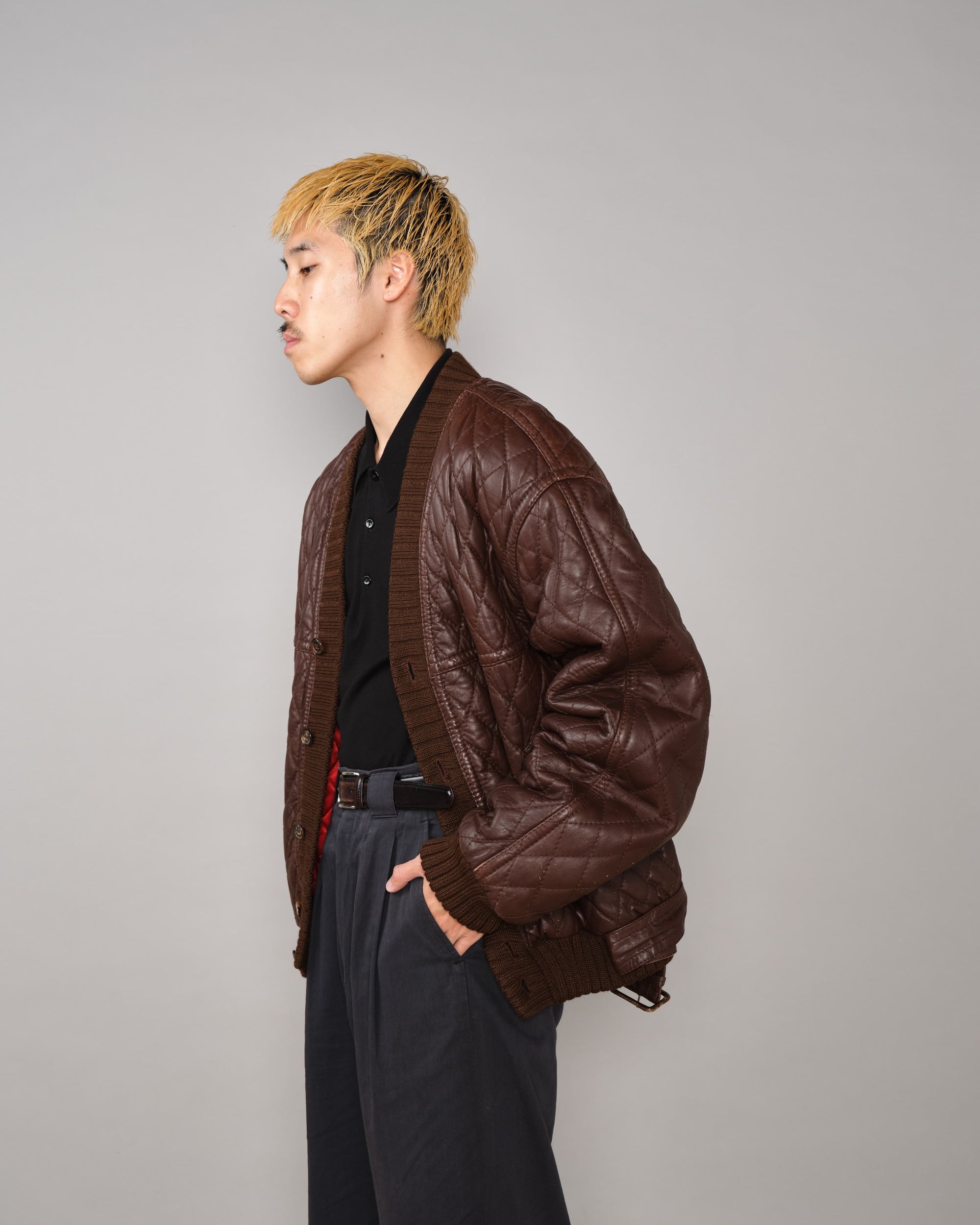 【~90's】Old VALENTINO Quilt Lined Leather Belted Cardigan Jacket Size.52