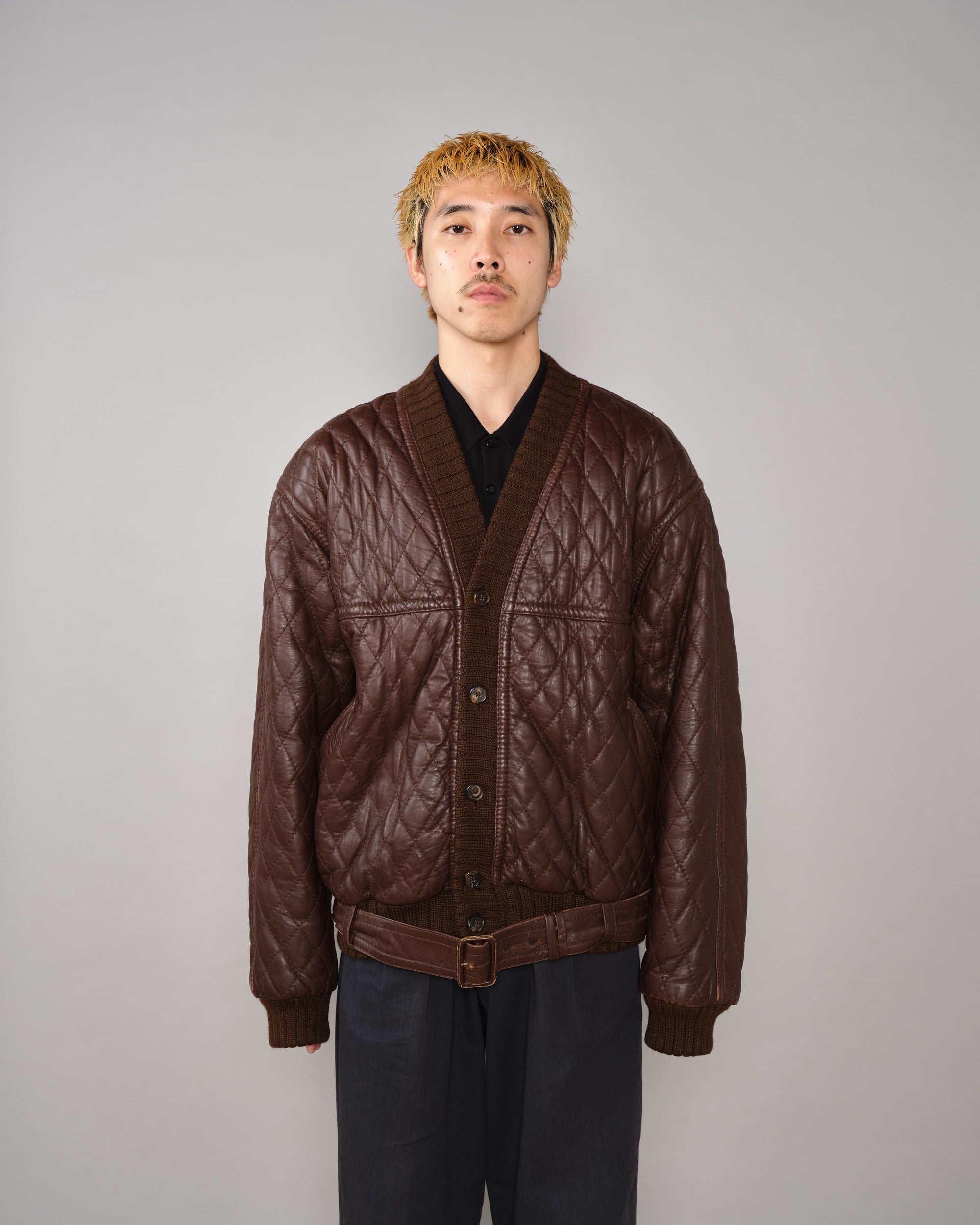 【~90's】Old VALENTINO Quilt Lined Leather Belted Cardigan Jacket Size.52