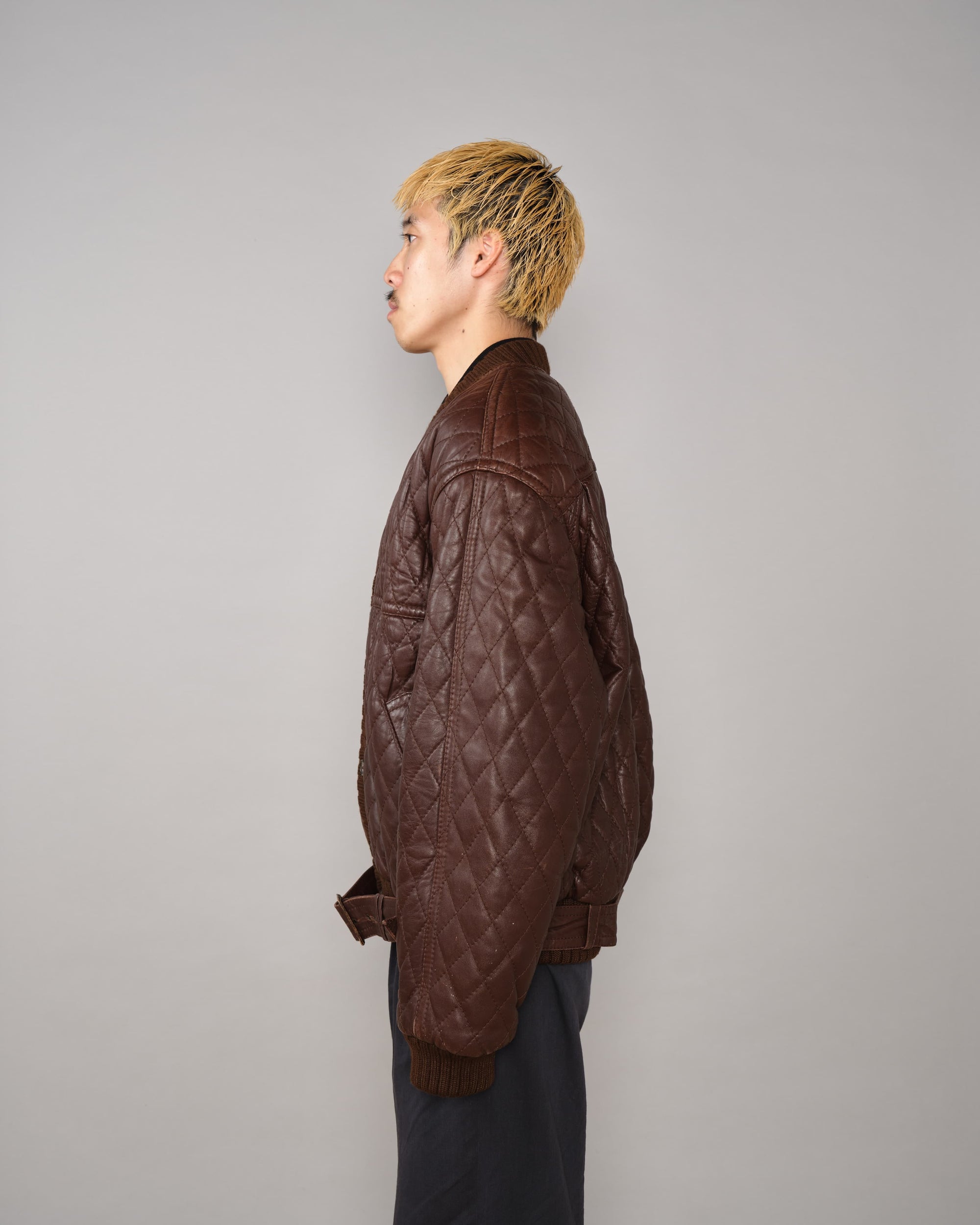 【~90's】Old VALENTINO Quilt Lined Leather Belted Cardigan Jacket Size.52