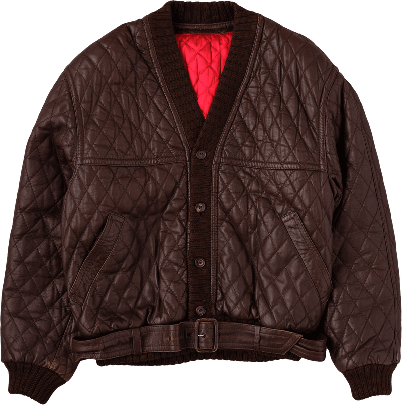 【~90's】Old VALENTINO Quilt Lined Leather Belted Cardigan Jacket Size.52