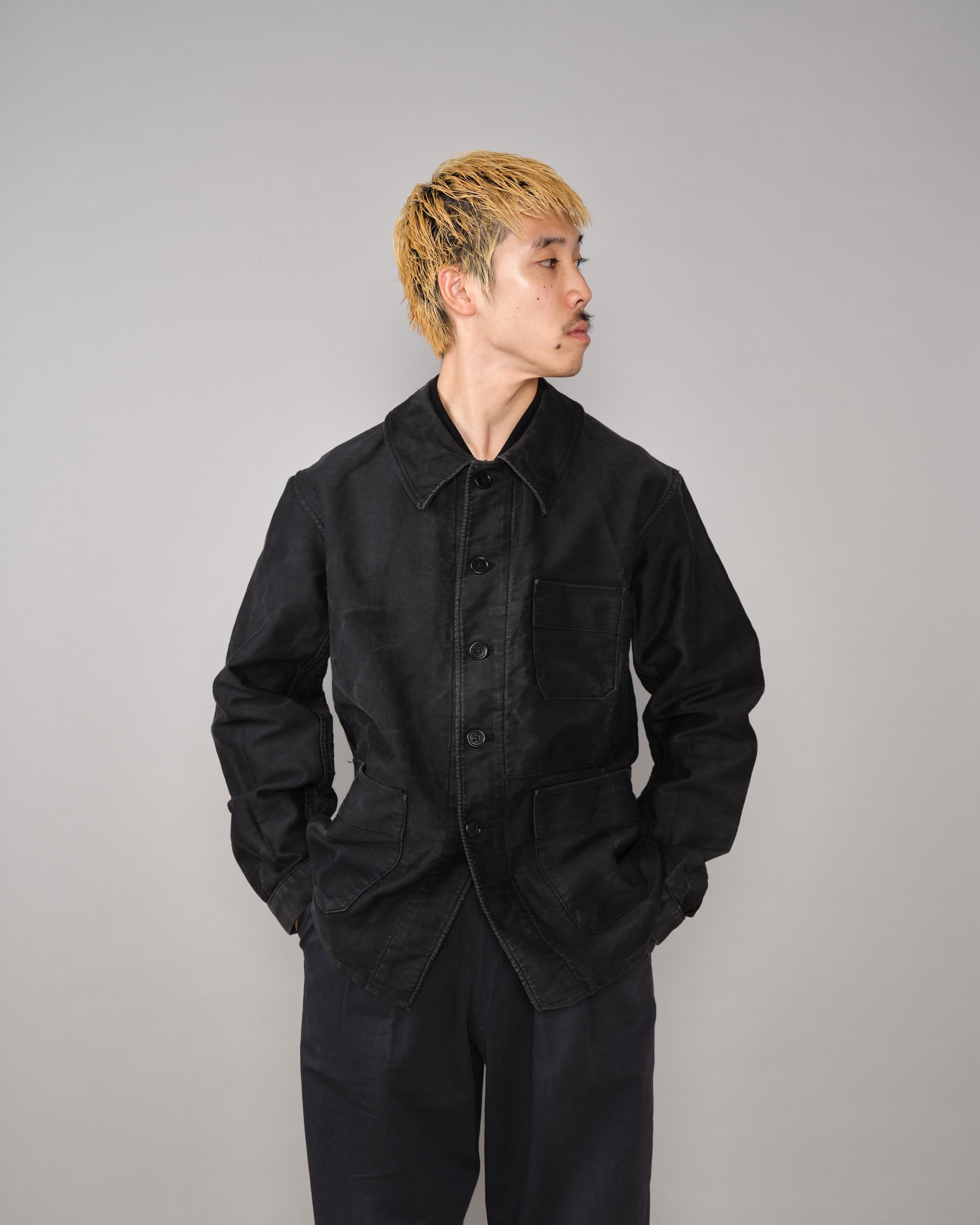 【~40's】French Vintage Black Moleskin Work Jacket "Adolphe Lafont"