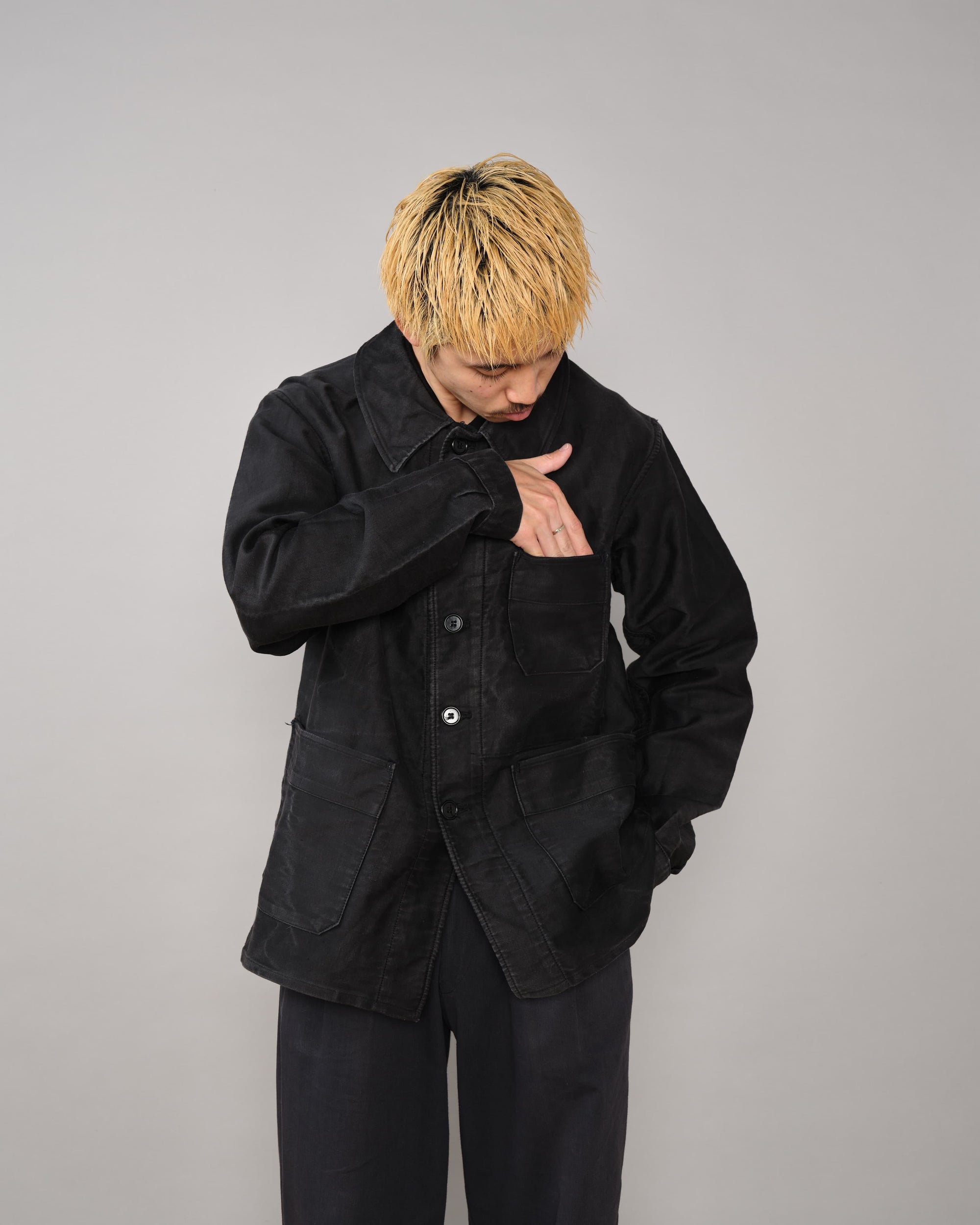 【~40's】French Vintage Black Moleskin Work Jacket "Adolphe Lafont"