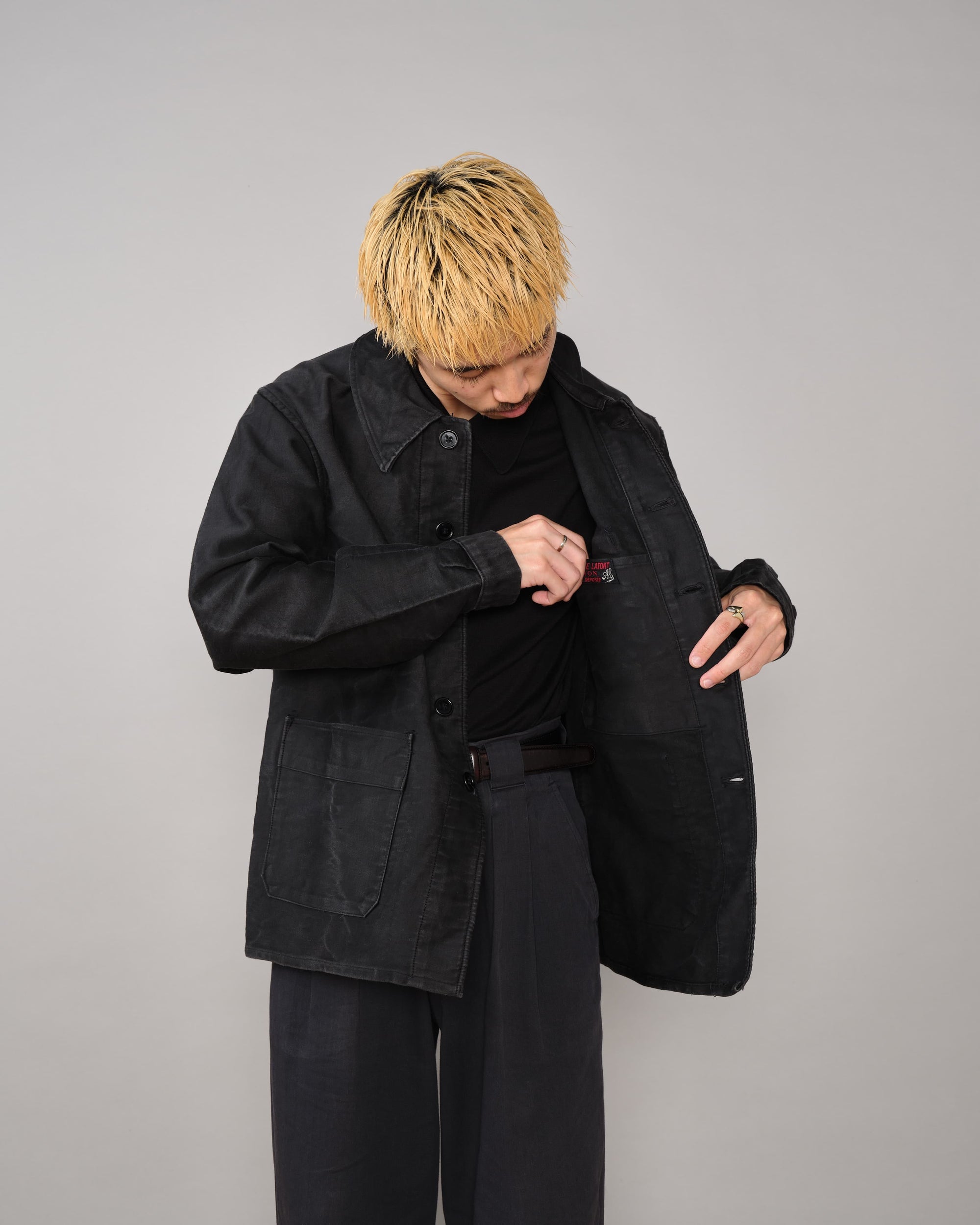 【~40's】French Vintage Black Moleskin Work Jacket "Adolphe Lafont"