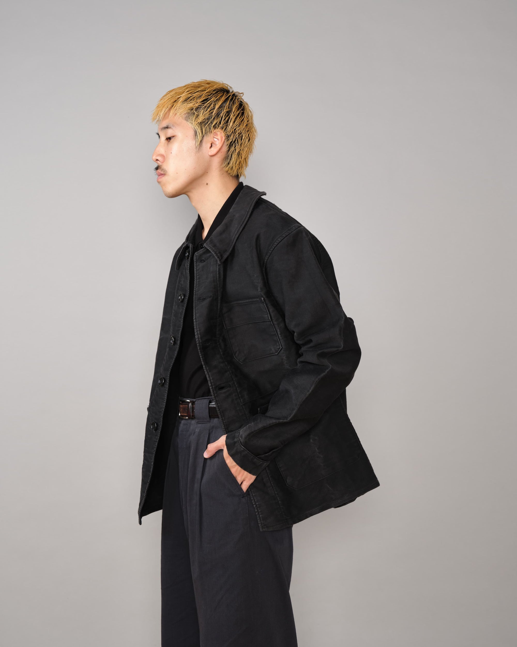 【~40's】French Vintage Black Moleskin Work Jacket "Adolphe Lafont"