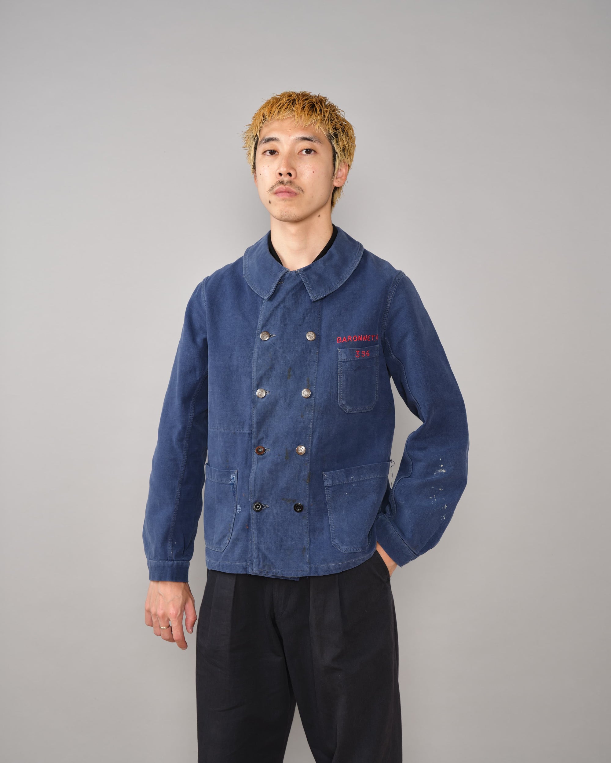 【~40's】French Vintage Blue Cotton Twill Double Breasted Work Jacket