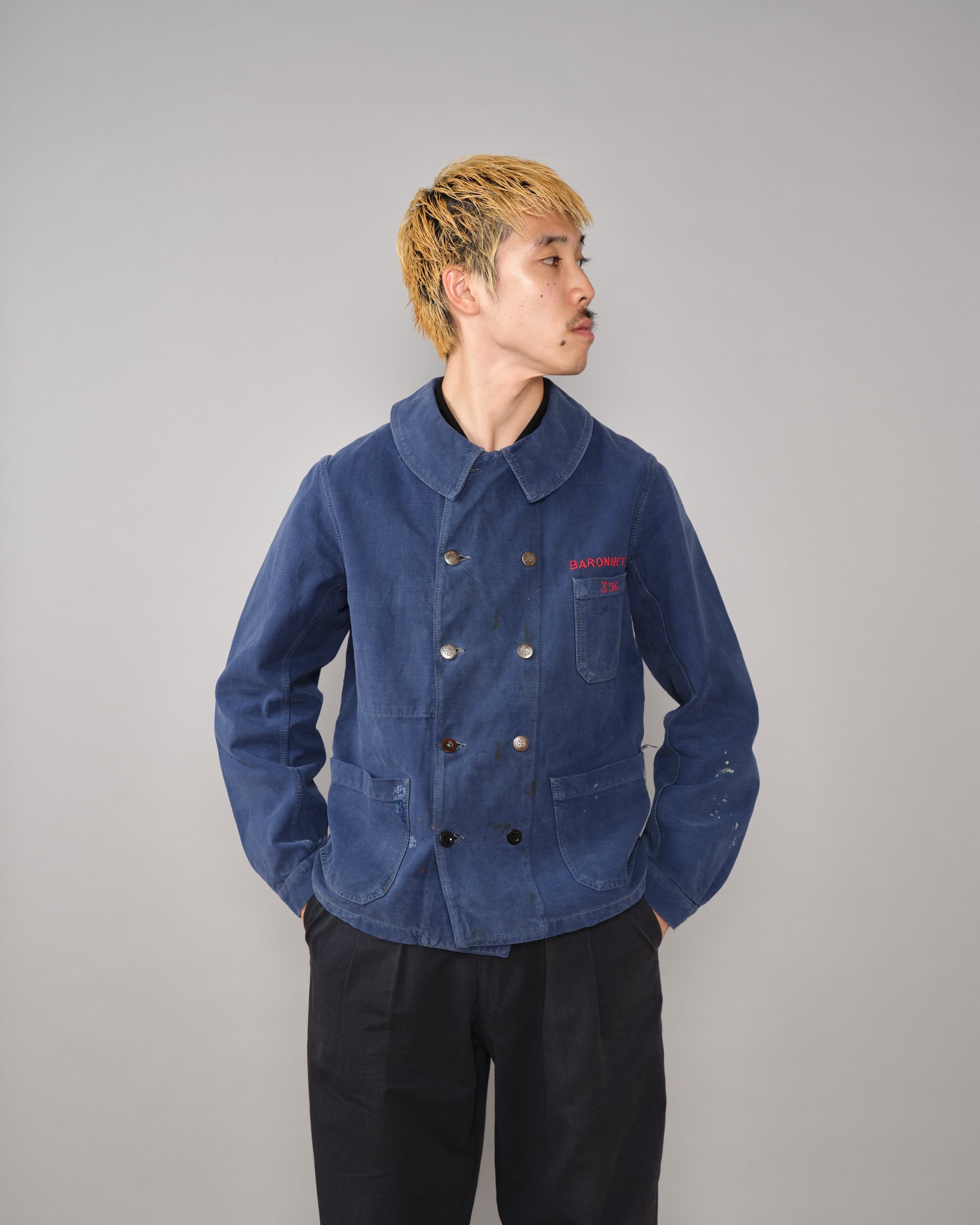 【~40's】French Vintage Blue Cotton Twill Double Breasted Work Jacket