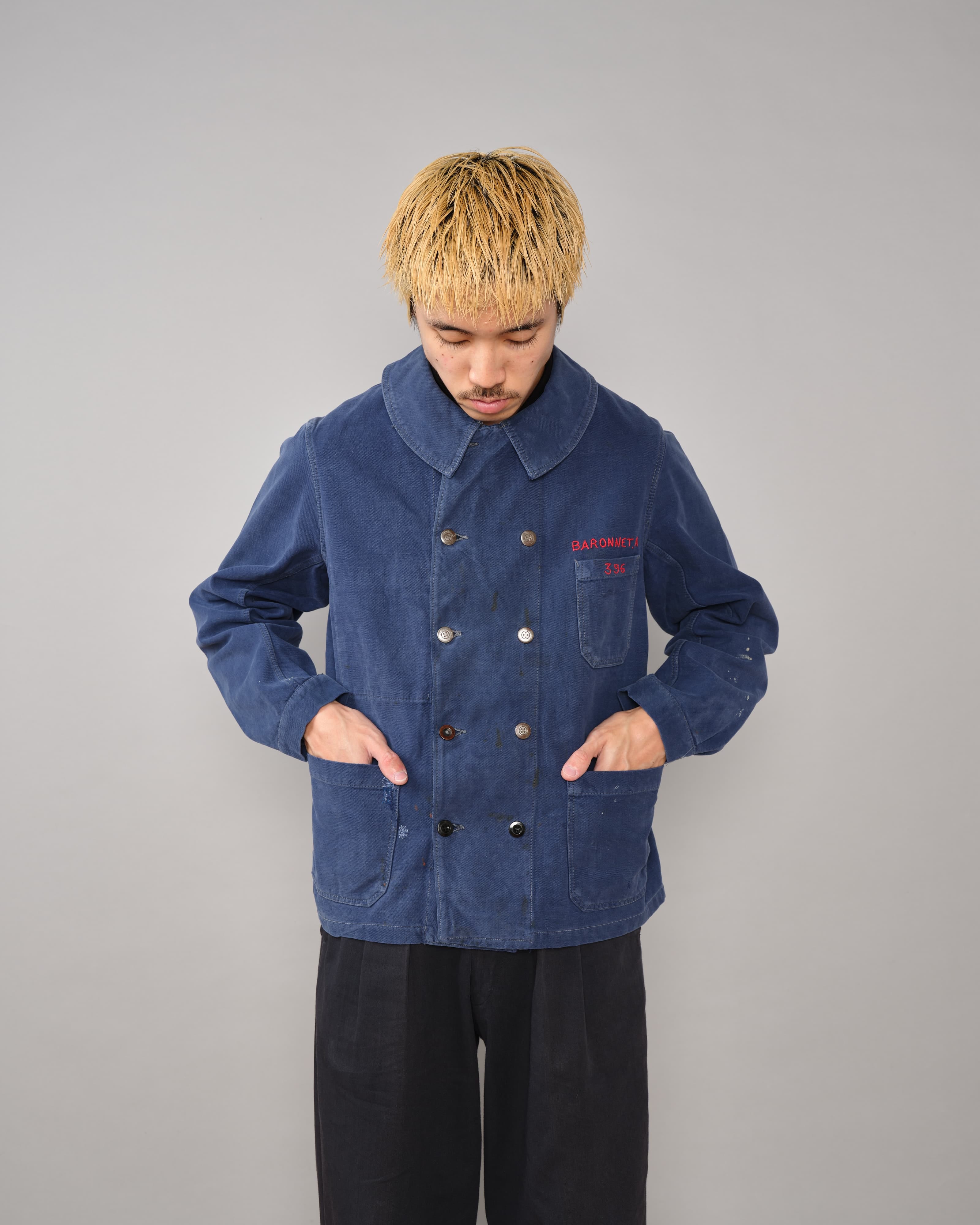 40's】French Vintage Blue Cotton Twill Double Breasted Work Jacket