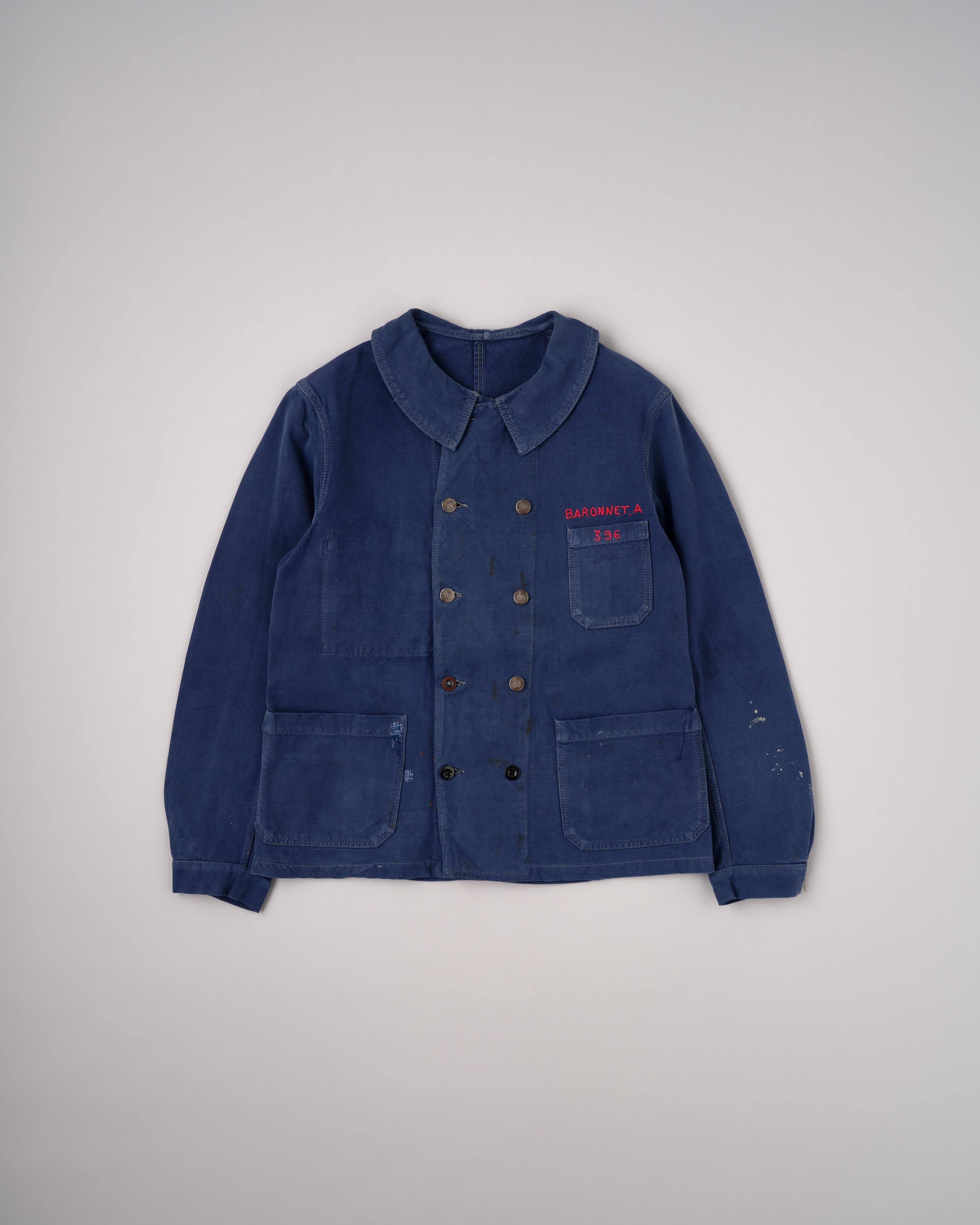 40's] French Vintage Blue Cotton Twill Double Breasted Work Jacket