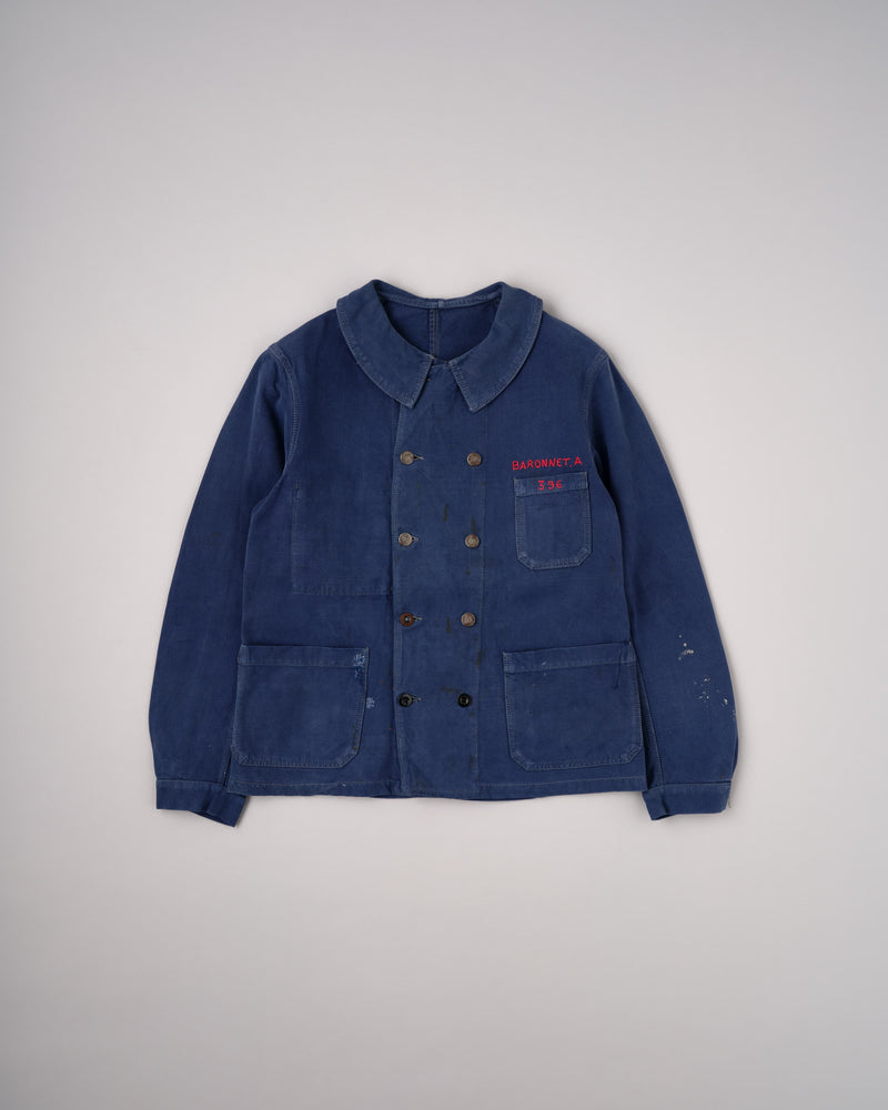 【~40's】French Vintage Blue Cotton Twill Double Breasted Work Jacket