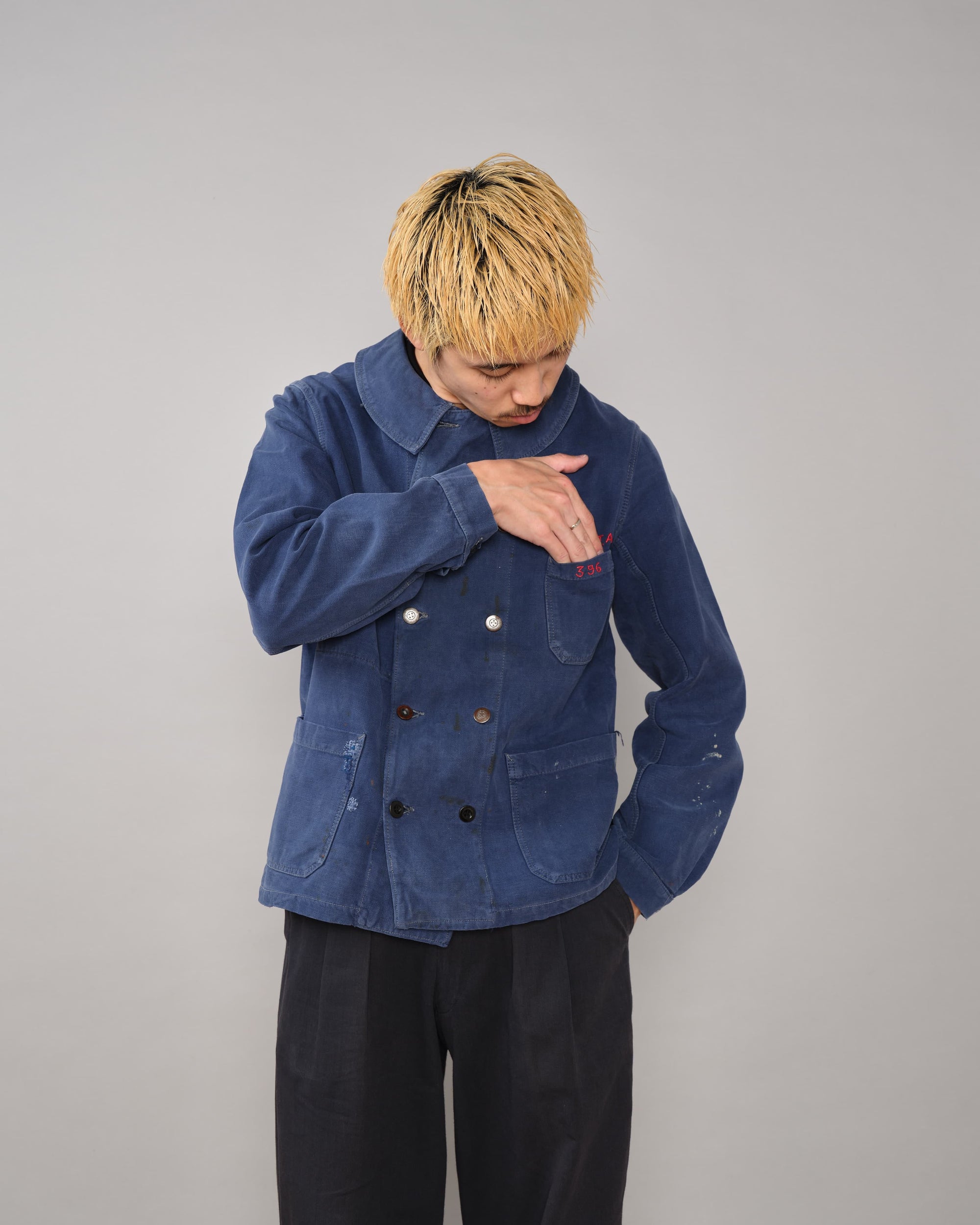 【~40's】French Vintage Blue Cotton Twill Double Breasted Work Jacket