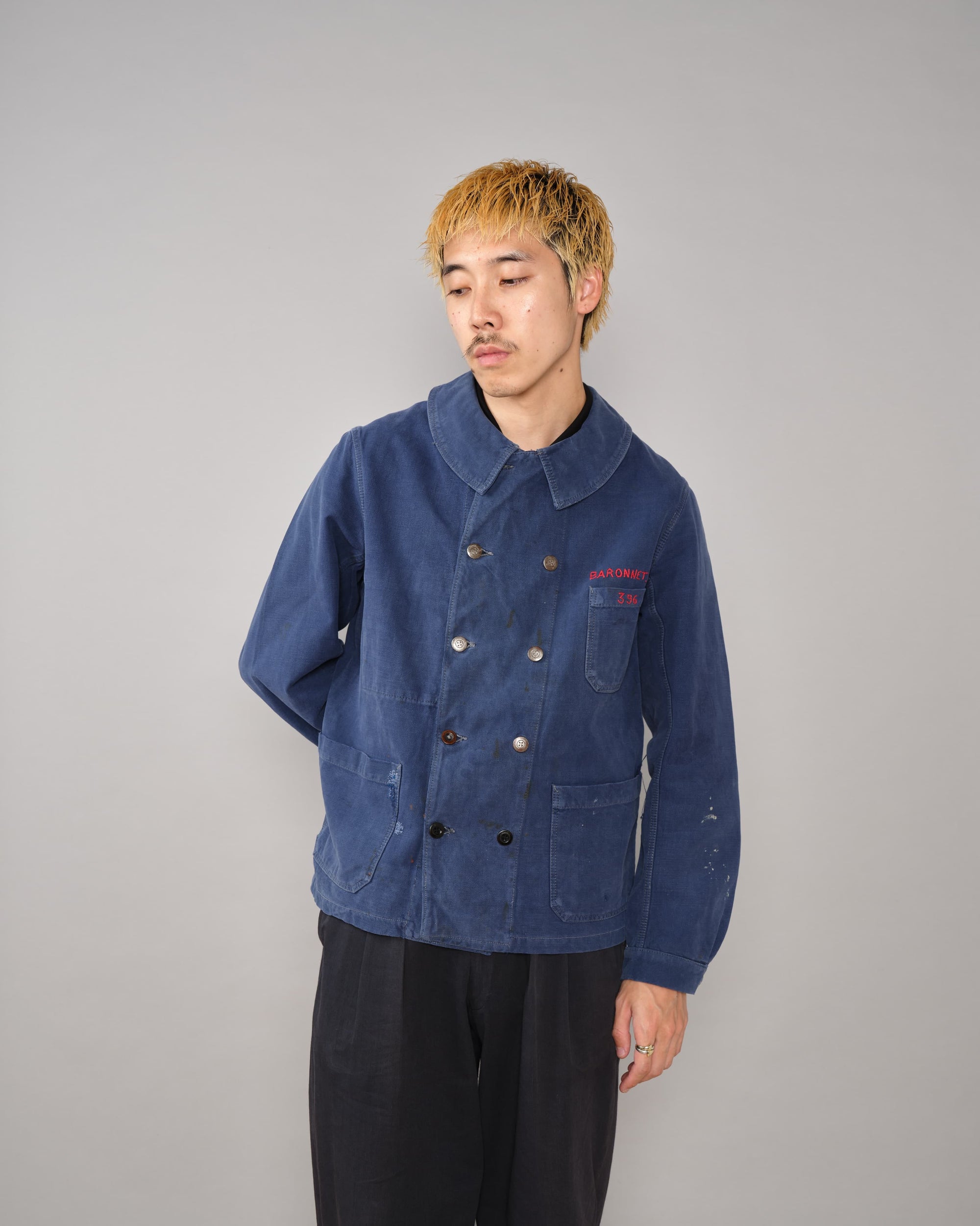 【~40's】French Vintage Blue Cotton Twill Double Breasted Work Jacket