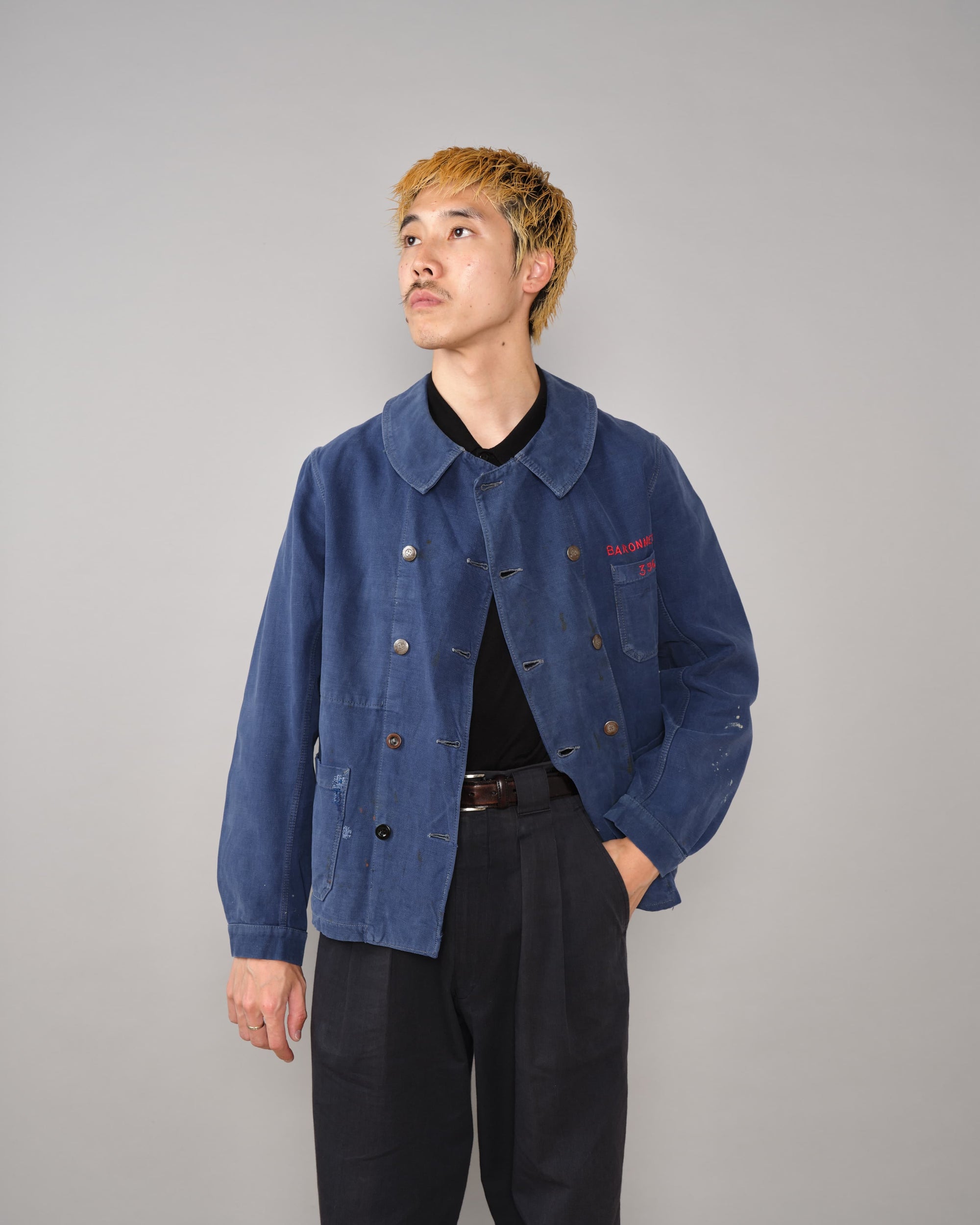 【~40's】French Vintage Blue Cotton Twill Double Breasted Work Jacket