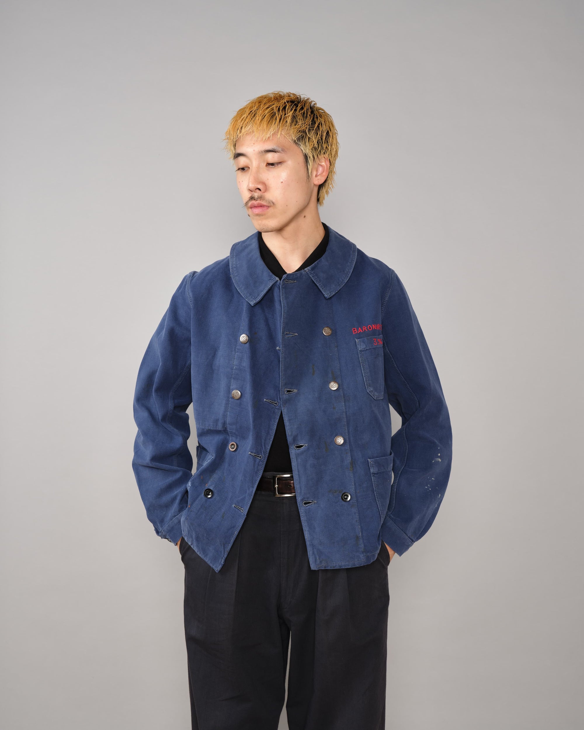 【~40's】French Vintage Blue Cotton Twill Double Breasted Work Jacket