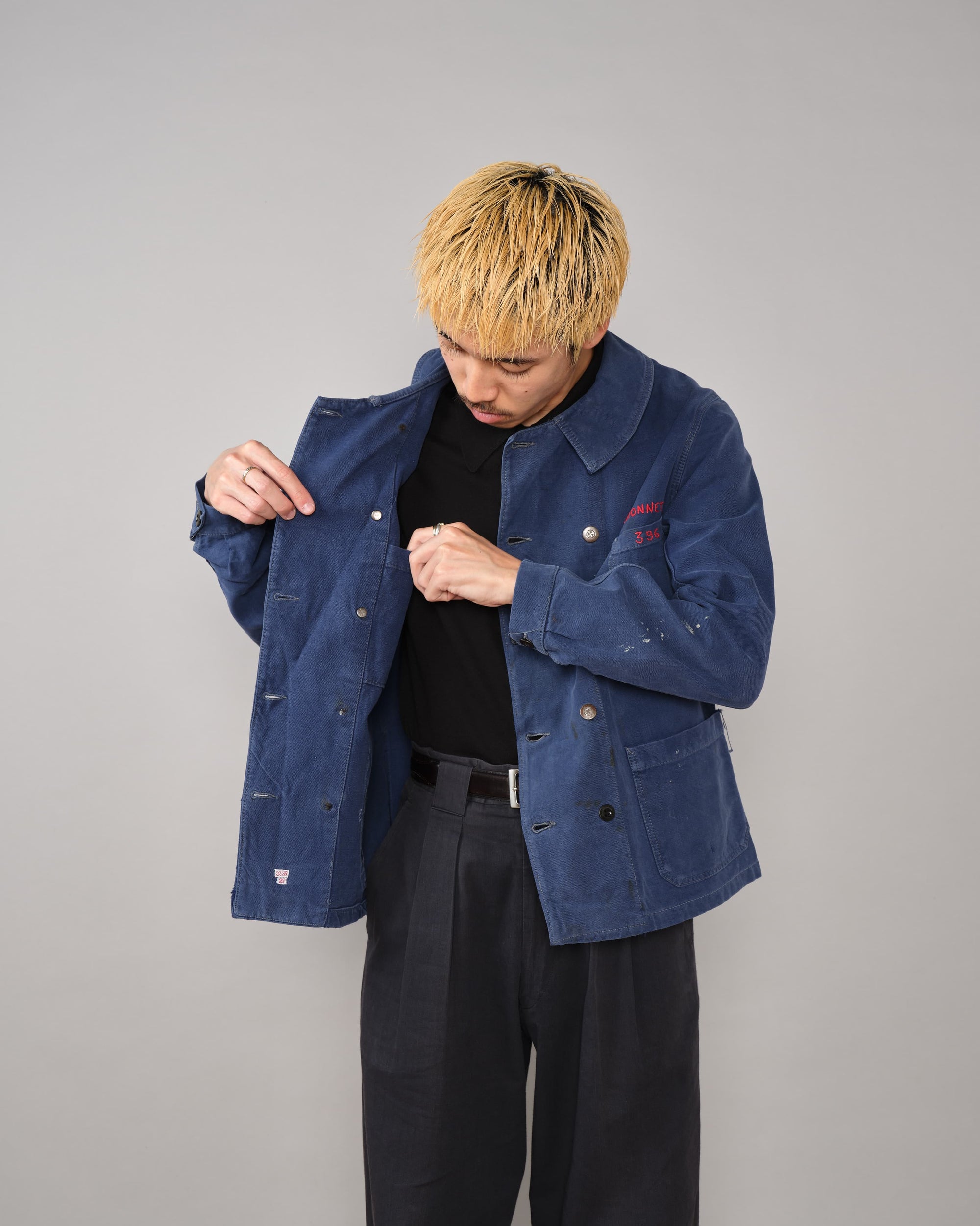 【~40's】French Vintage Blue Cotton Twill Double Breasted Work Jacket