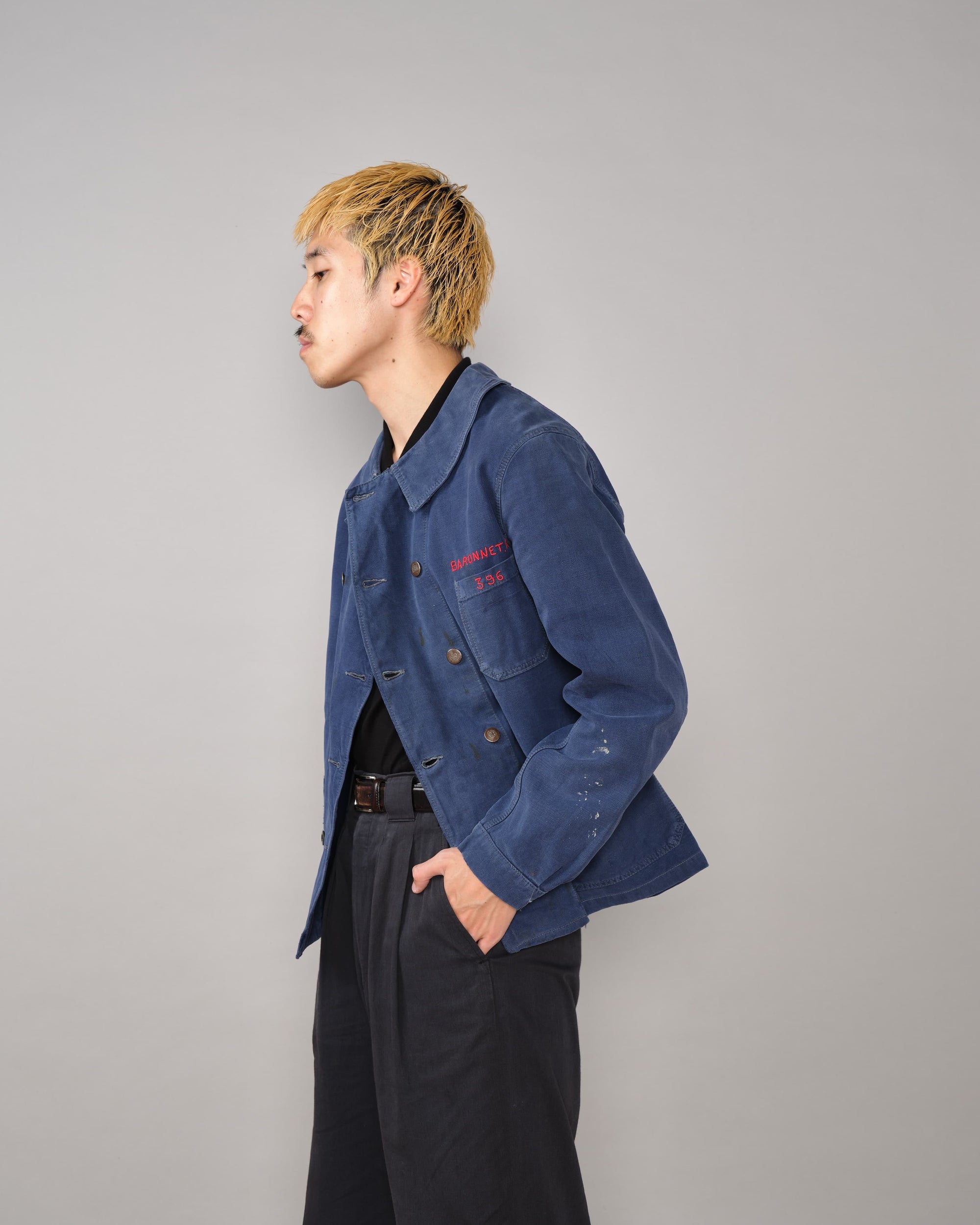 【~40's】French Vintage Blue Cotton Twill Double Breasted Work Jacket
