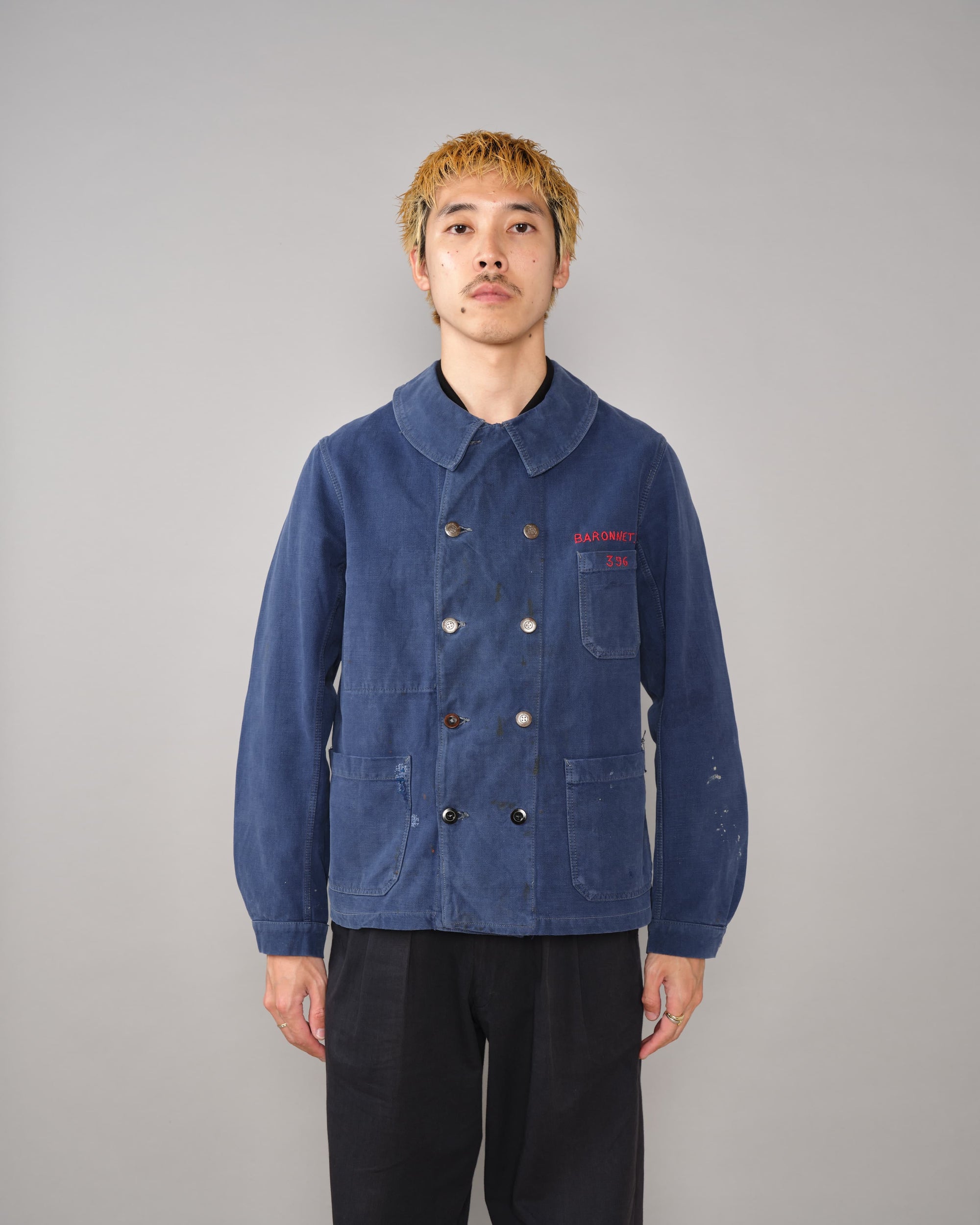 【~40's】French Vintage Blue Cotton Twill Double Breasted Work Jacket
