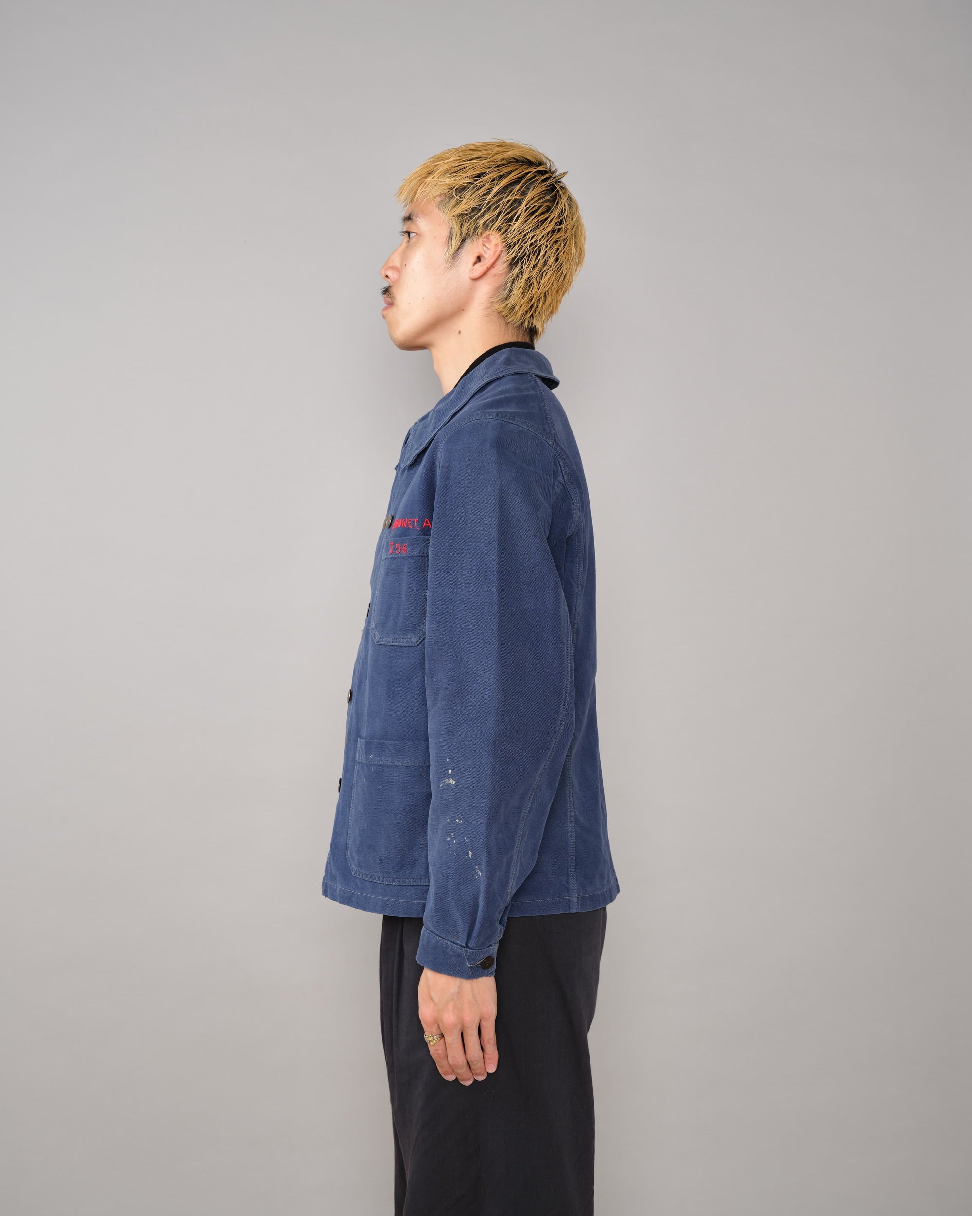 【~40's】French Vintage Blue Cotton Twill Double Breasted Work Jacket