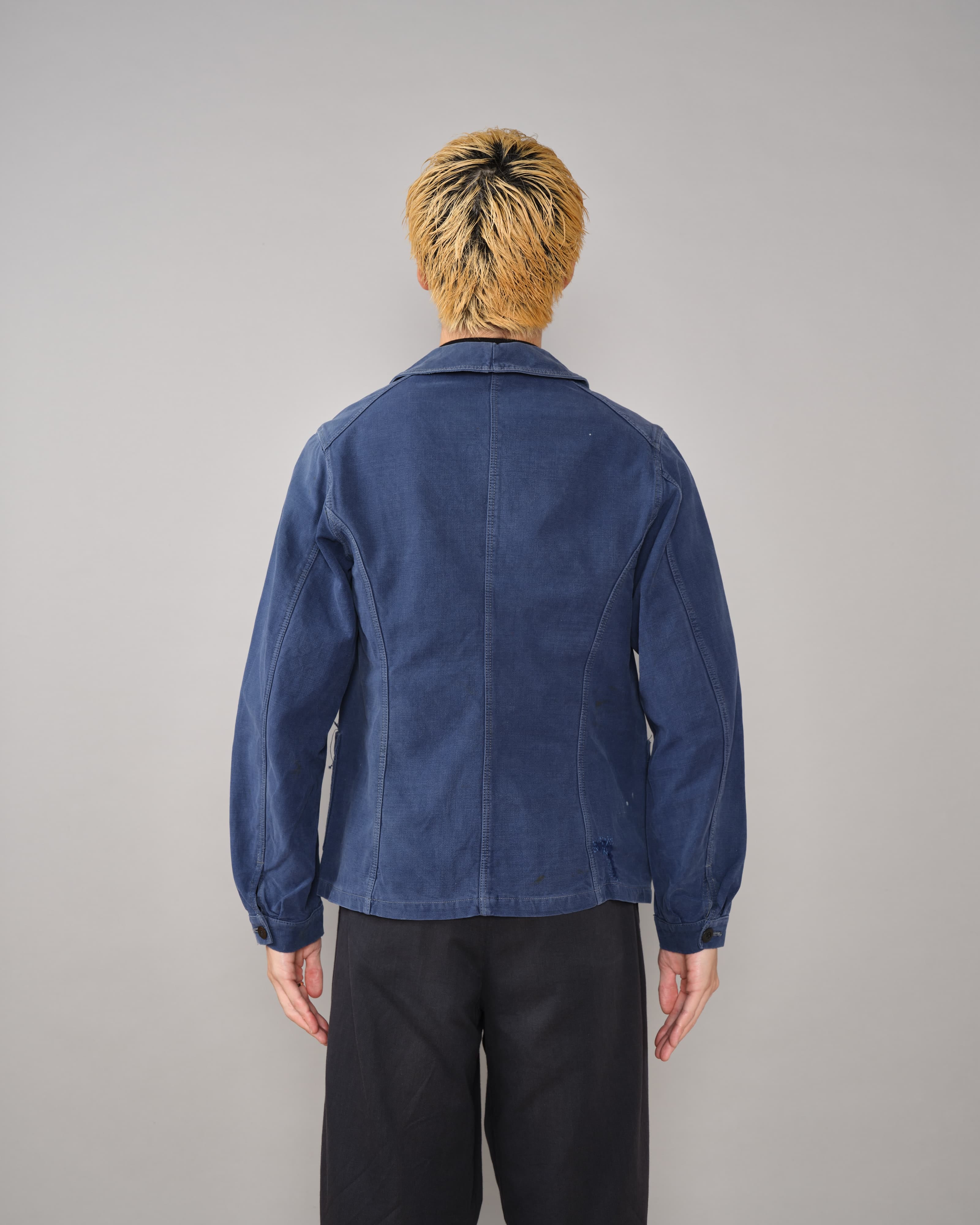 40's] French Vintage Blue Cotton Twill Double Breasted Work Jacket
