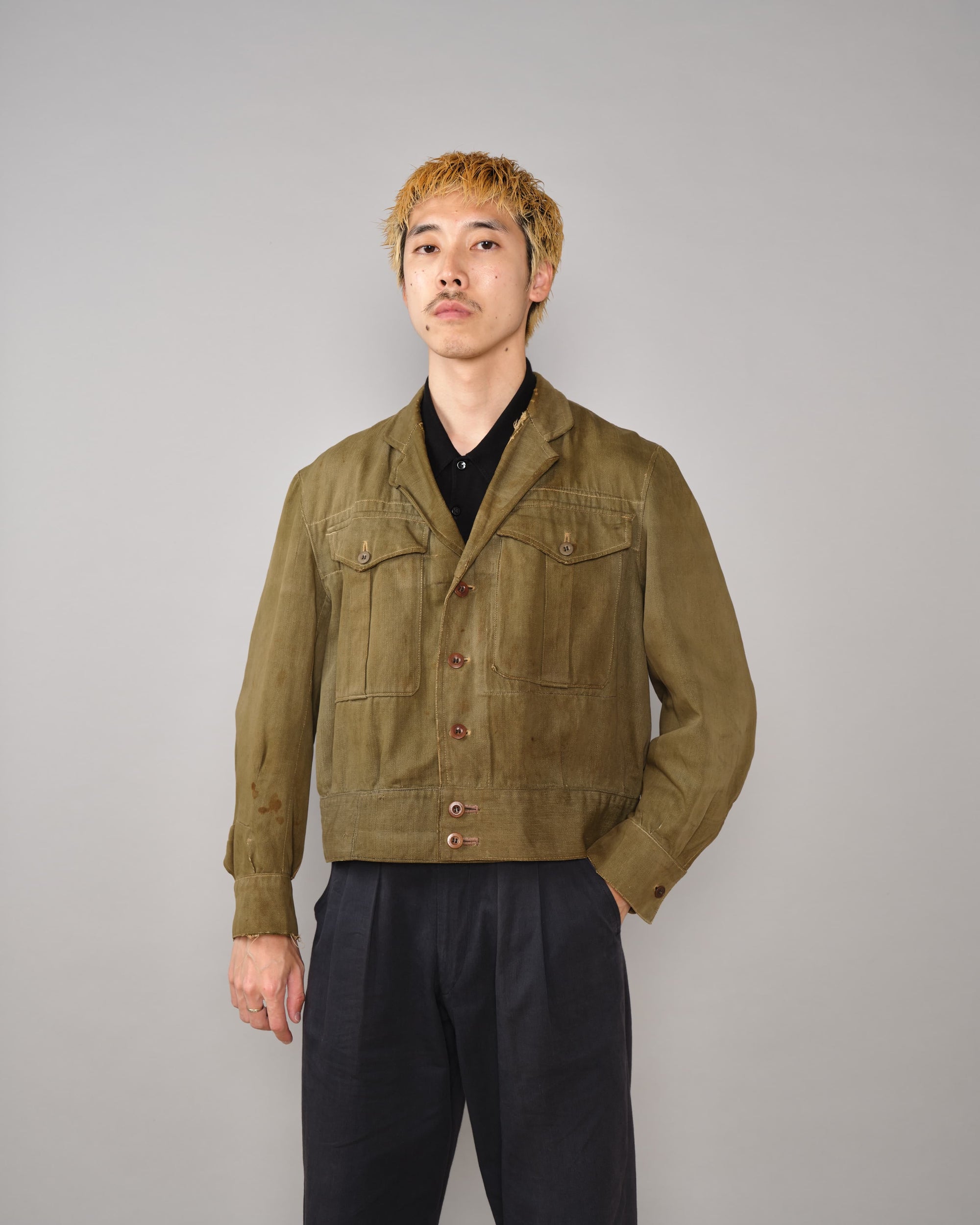 【~40's】WWII German Army British Green Denim Fabric Made Short Jacket