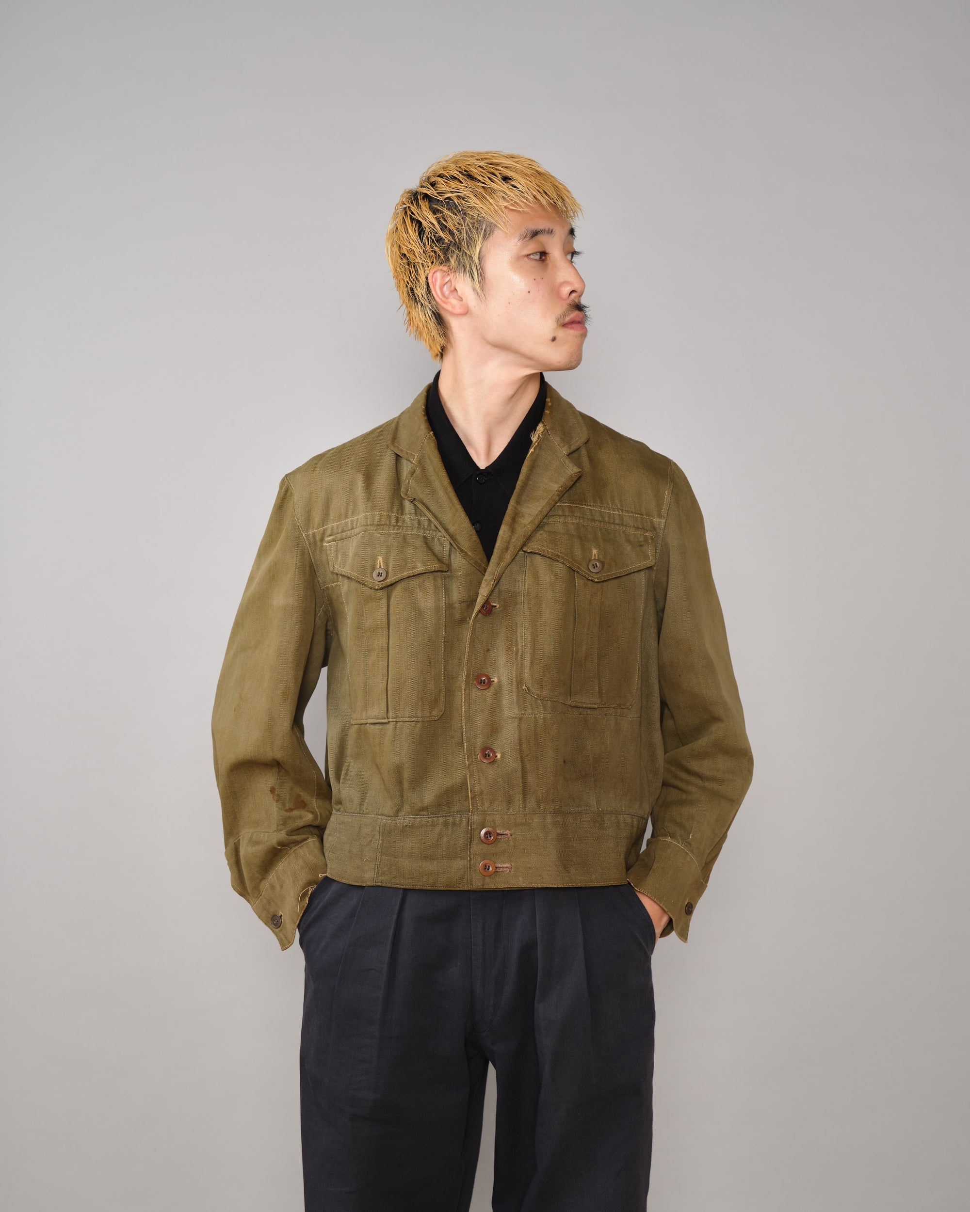 【~40's】WWII German Army British Green Denim Fabric Made Short Jacket