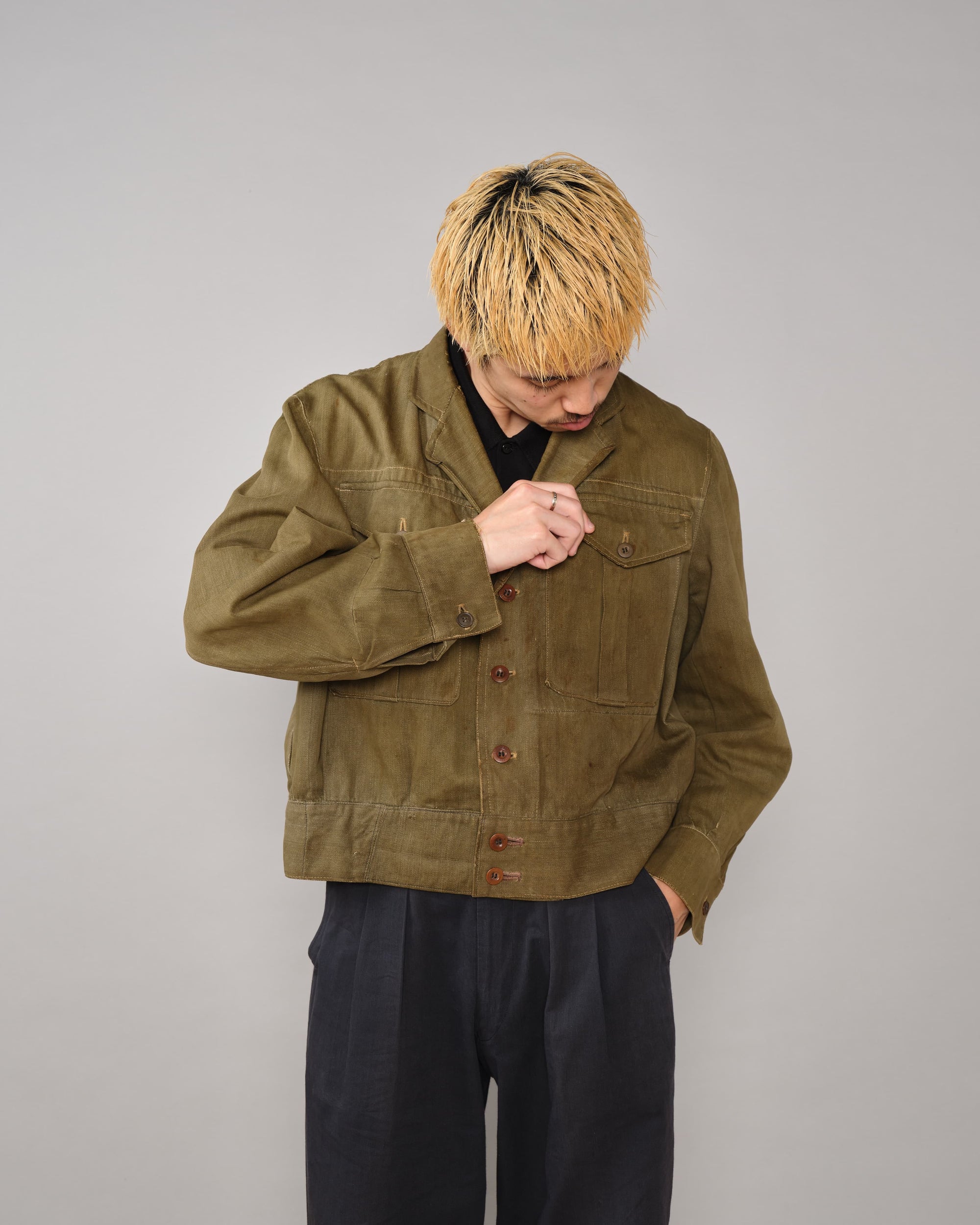 【~40's】WWII German Army British Green Denim Fabric Made Short Jacket