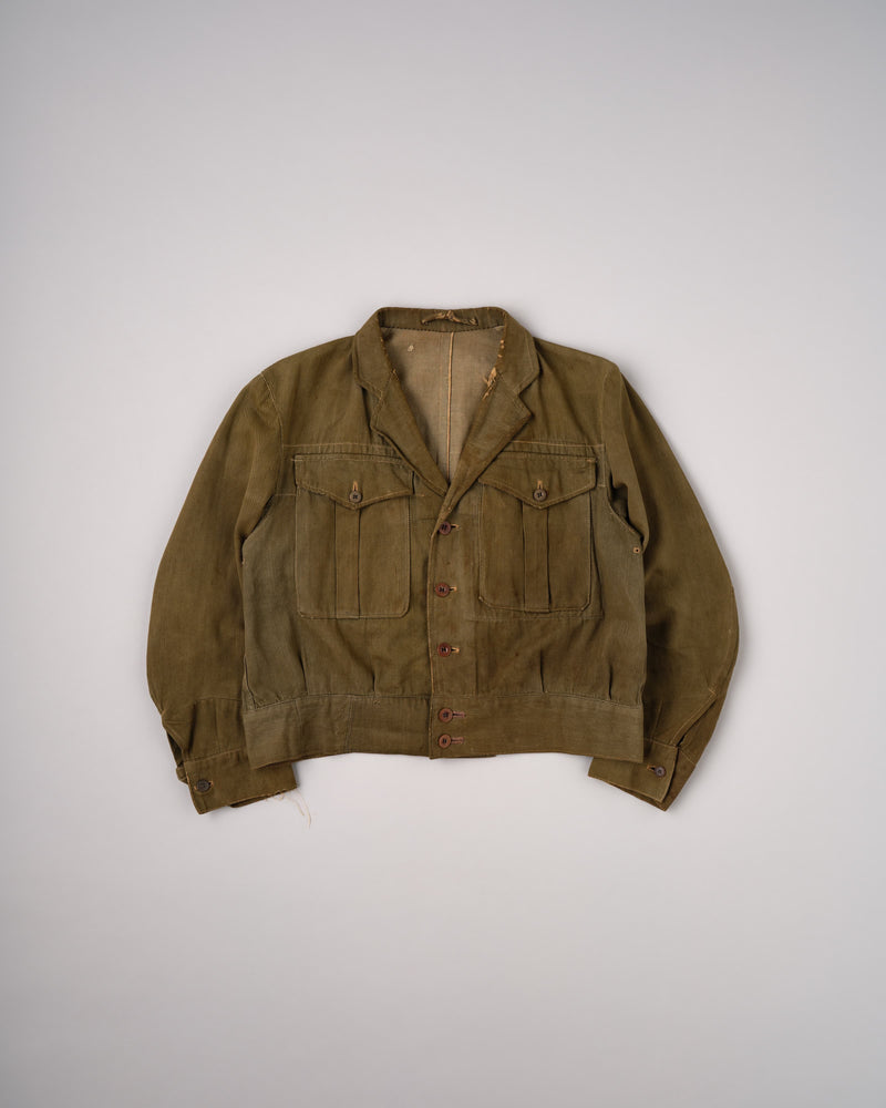【~40's】WWII German Army British Green Denim Fabric Made Short Jacket