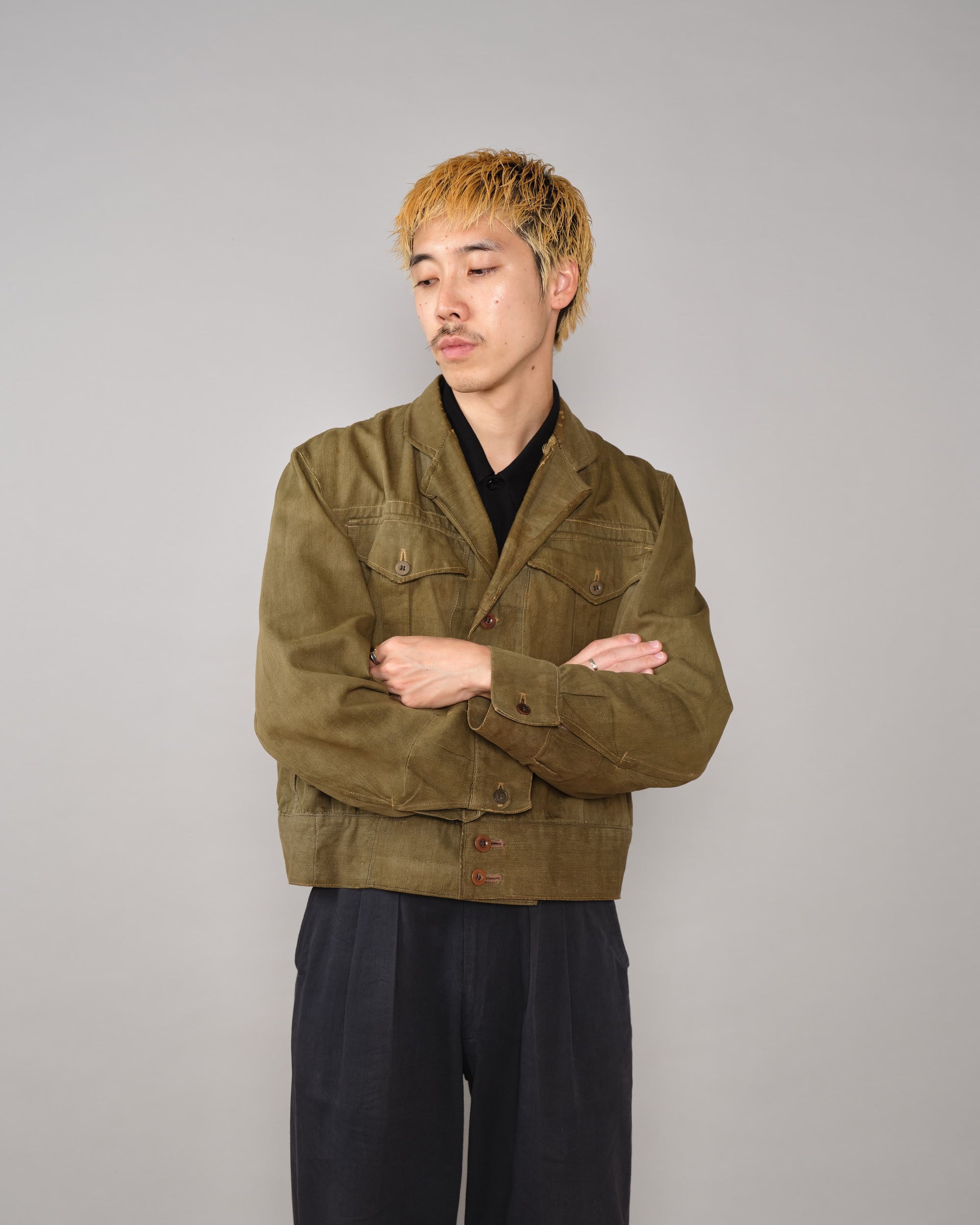 【~40's】WWII German Army British Green Denim Fabric Made Short Jacket