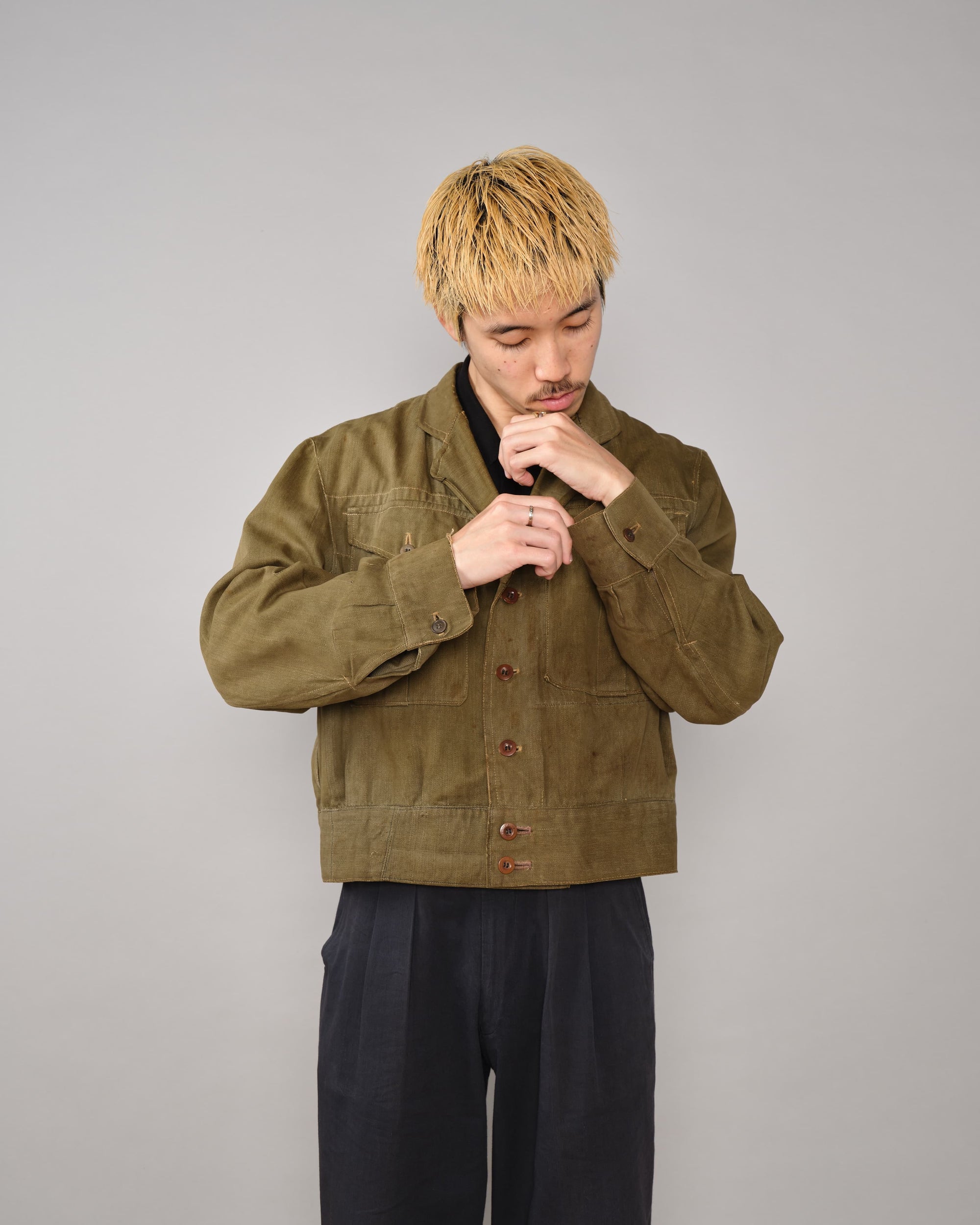 【~40's】WWII German Army British Green Denim Fabric Made Short Jacket