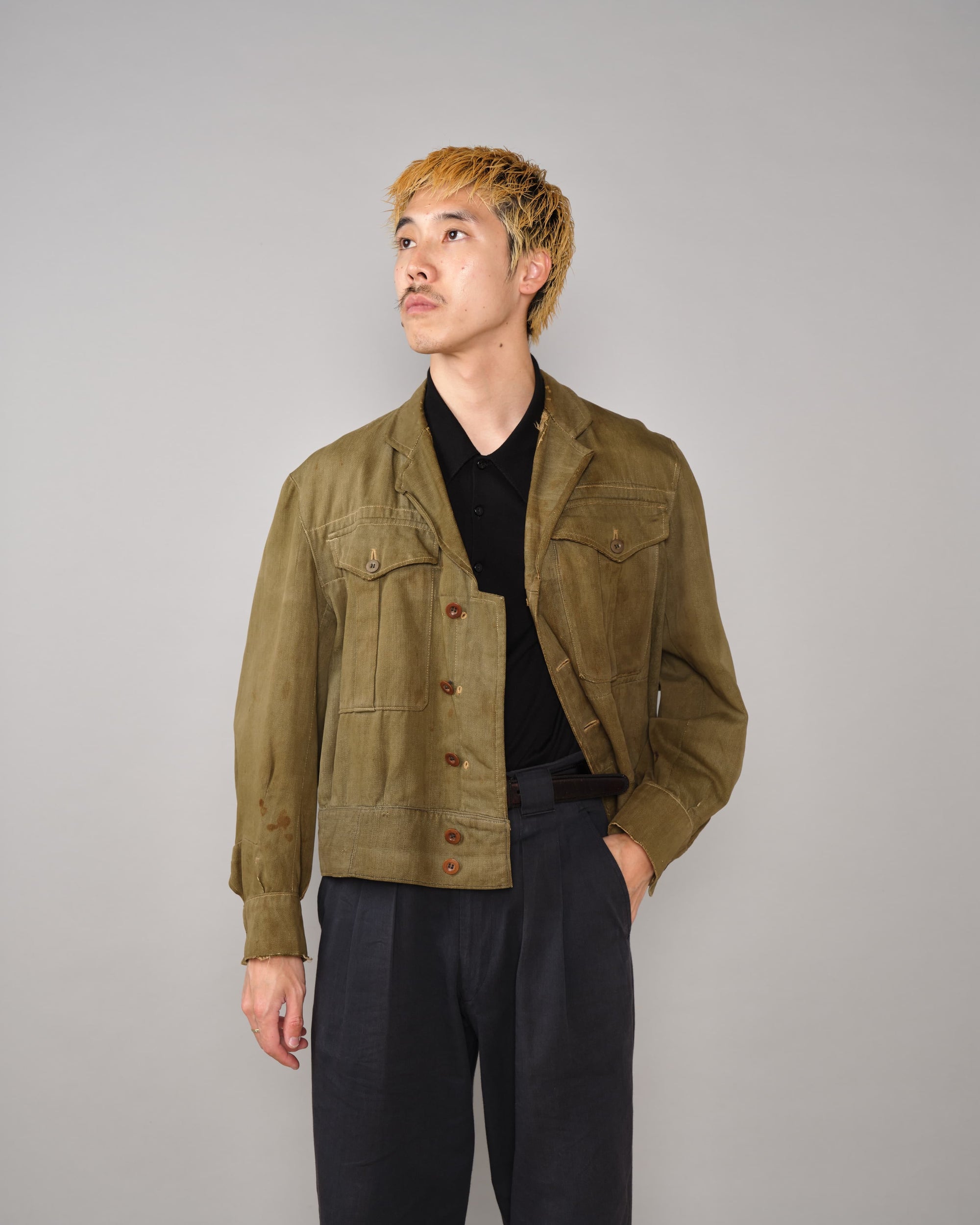 【~40's】WWII German Army British Green Denim Fabric Made Short Jacket