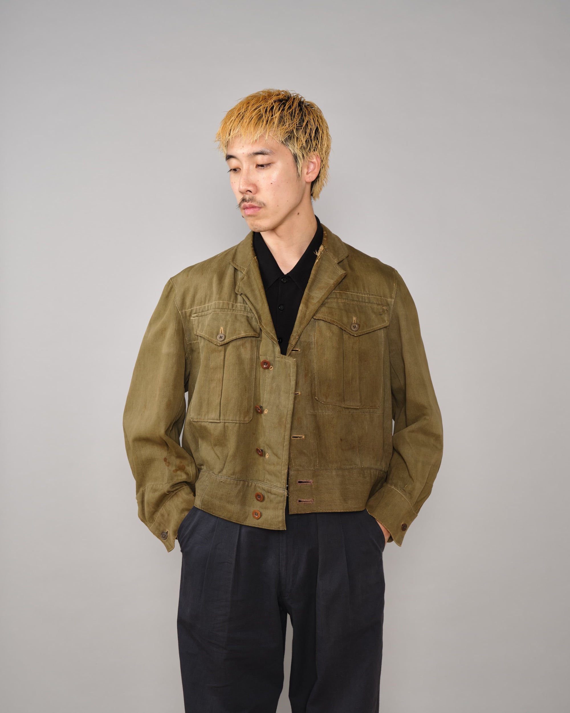 【~40's】WWII German Army British Green Denim Fabric Made Short Jacket