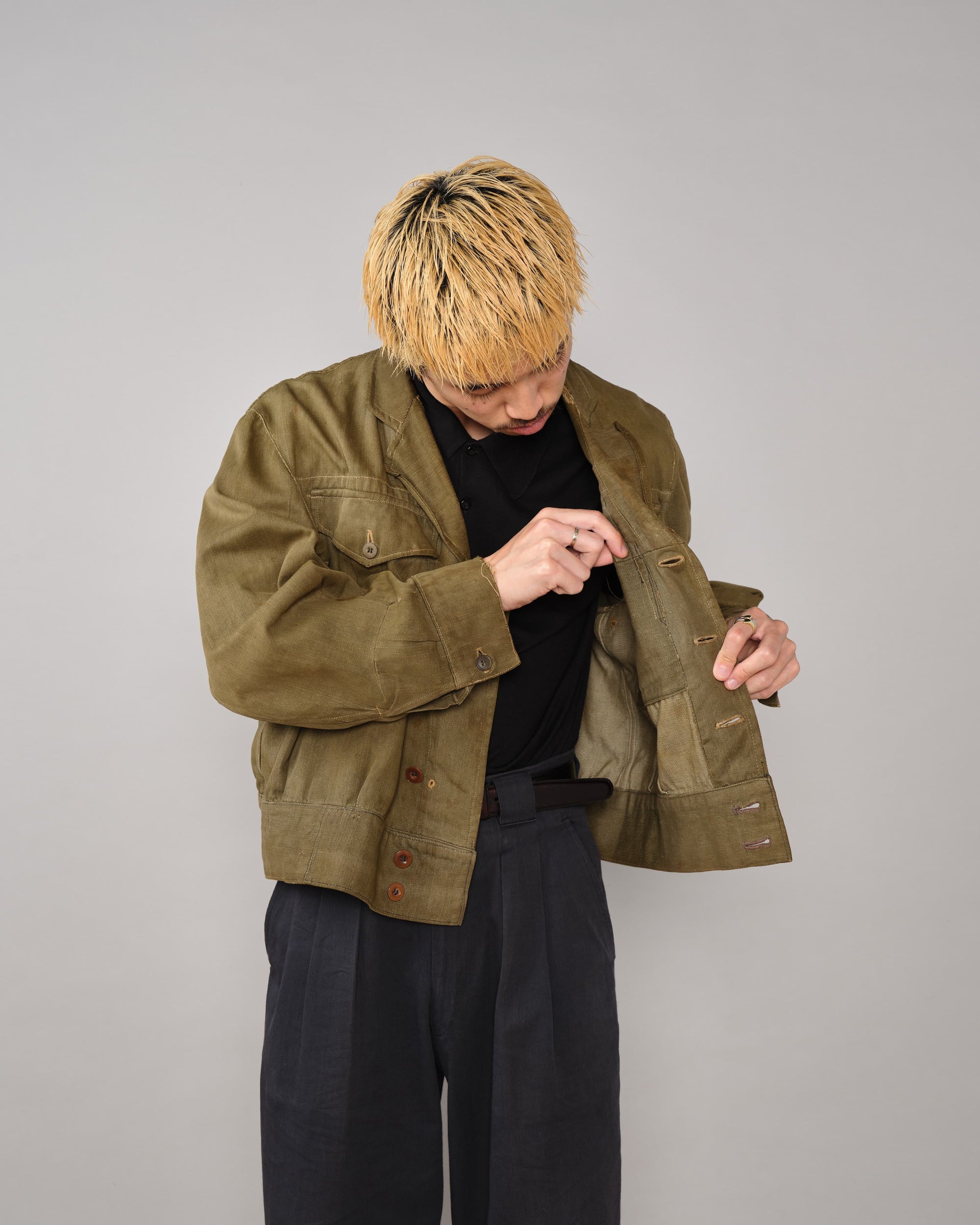 【~40's】WWII German Army British Green Denim Fabric Made Short Jacket