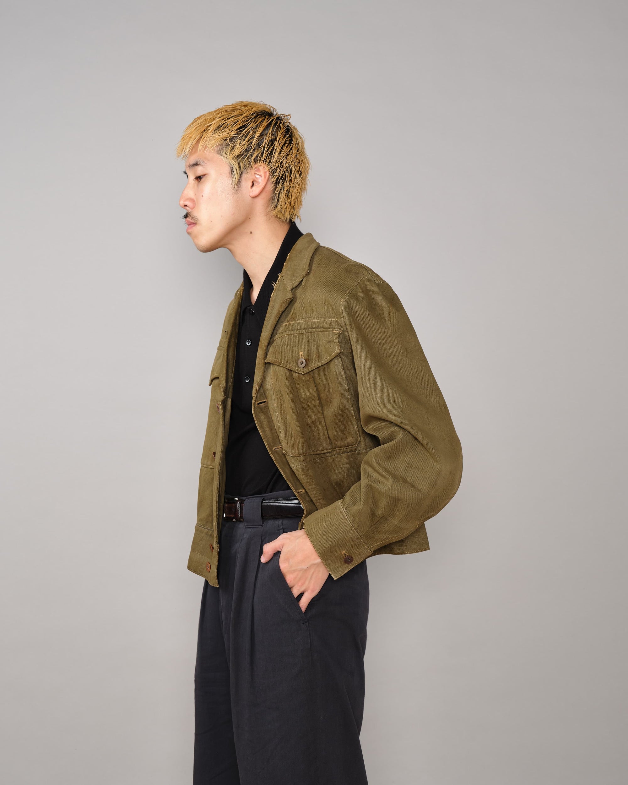 【~40's】WWII German Army British Green Denim Fabric Made Short Jacket