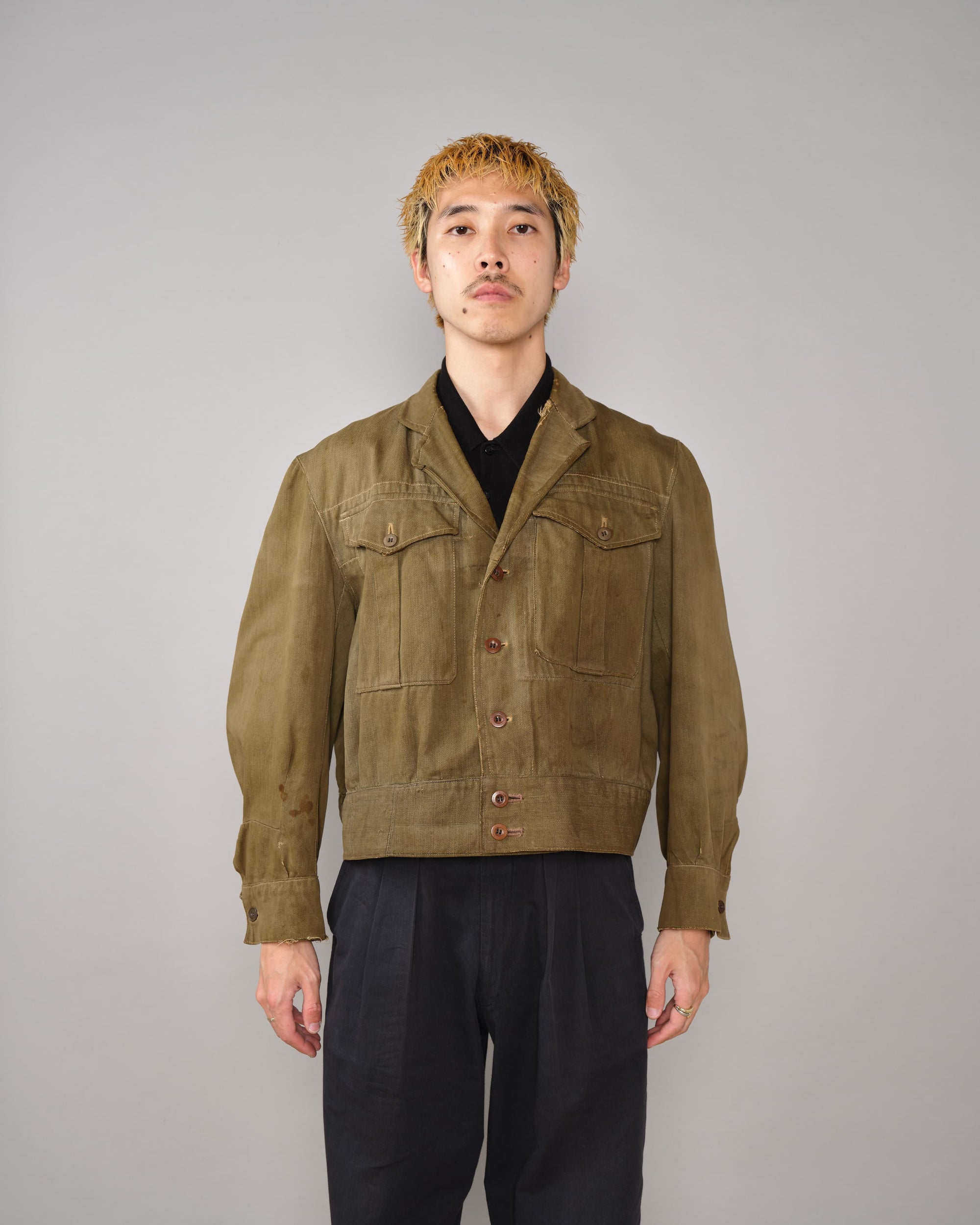 【~40's】WWII German Army British Green Denim Fabric Made Short Jacket