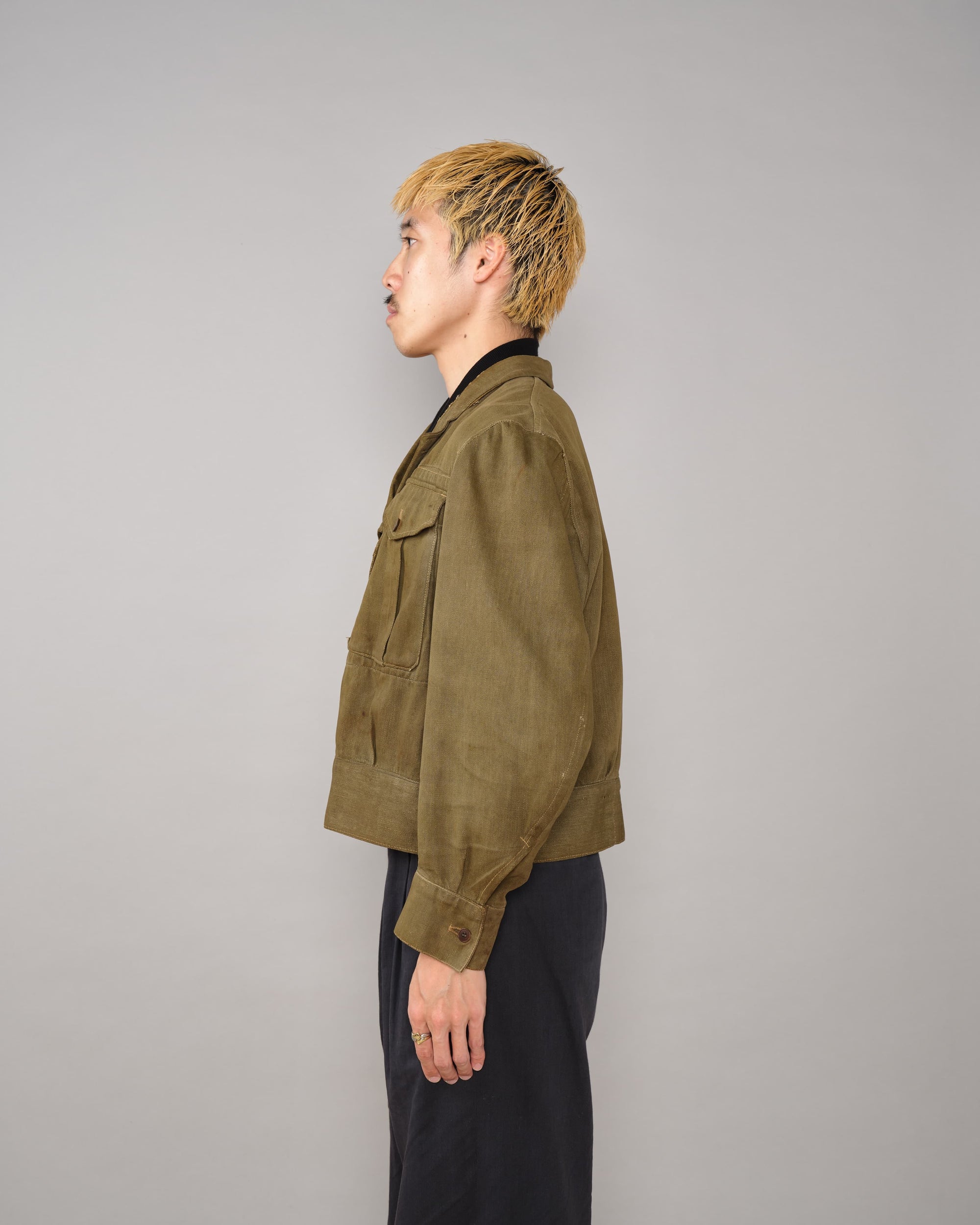 【~40's】WWII German Army British Green Denim Fabric Made Short Jacket