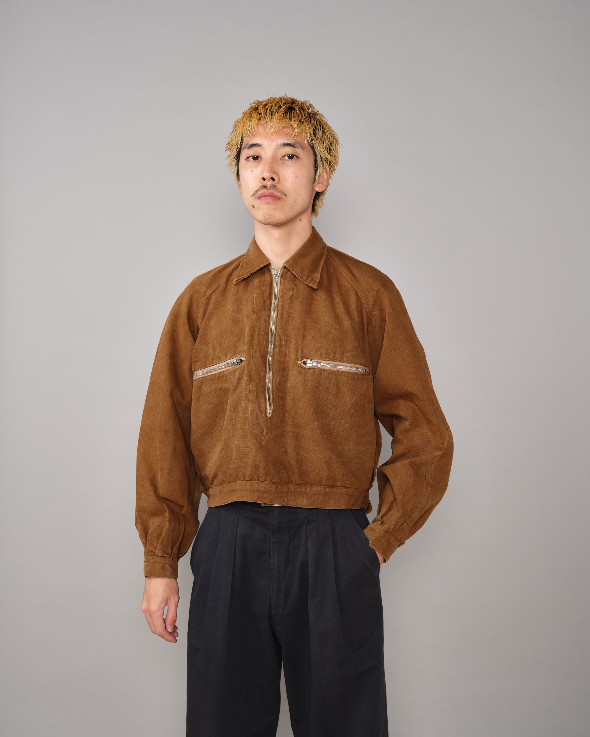 【~40's】French Vintage Raglan Sleeve Brown Cotton Pullover Cyclist Jacket