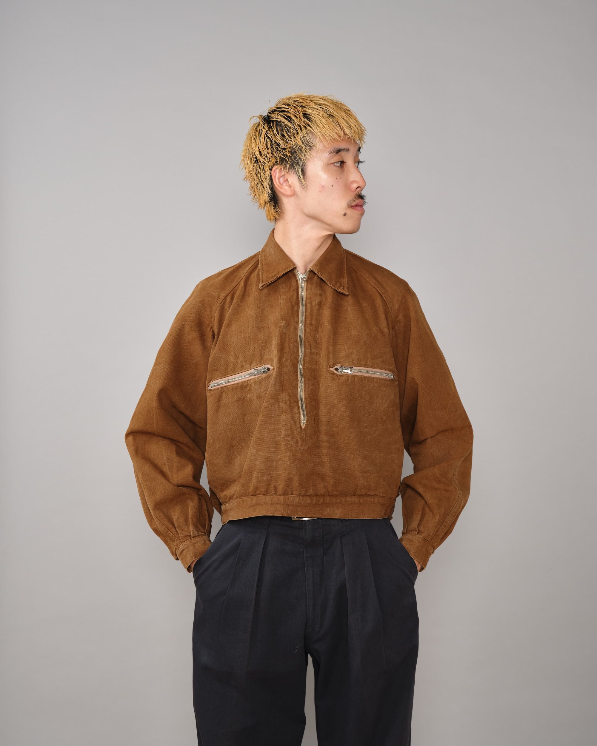 【~40's】French Vintage Raglan Sleeve Brown Cotton Pullover Cyclist Jacket