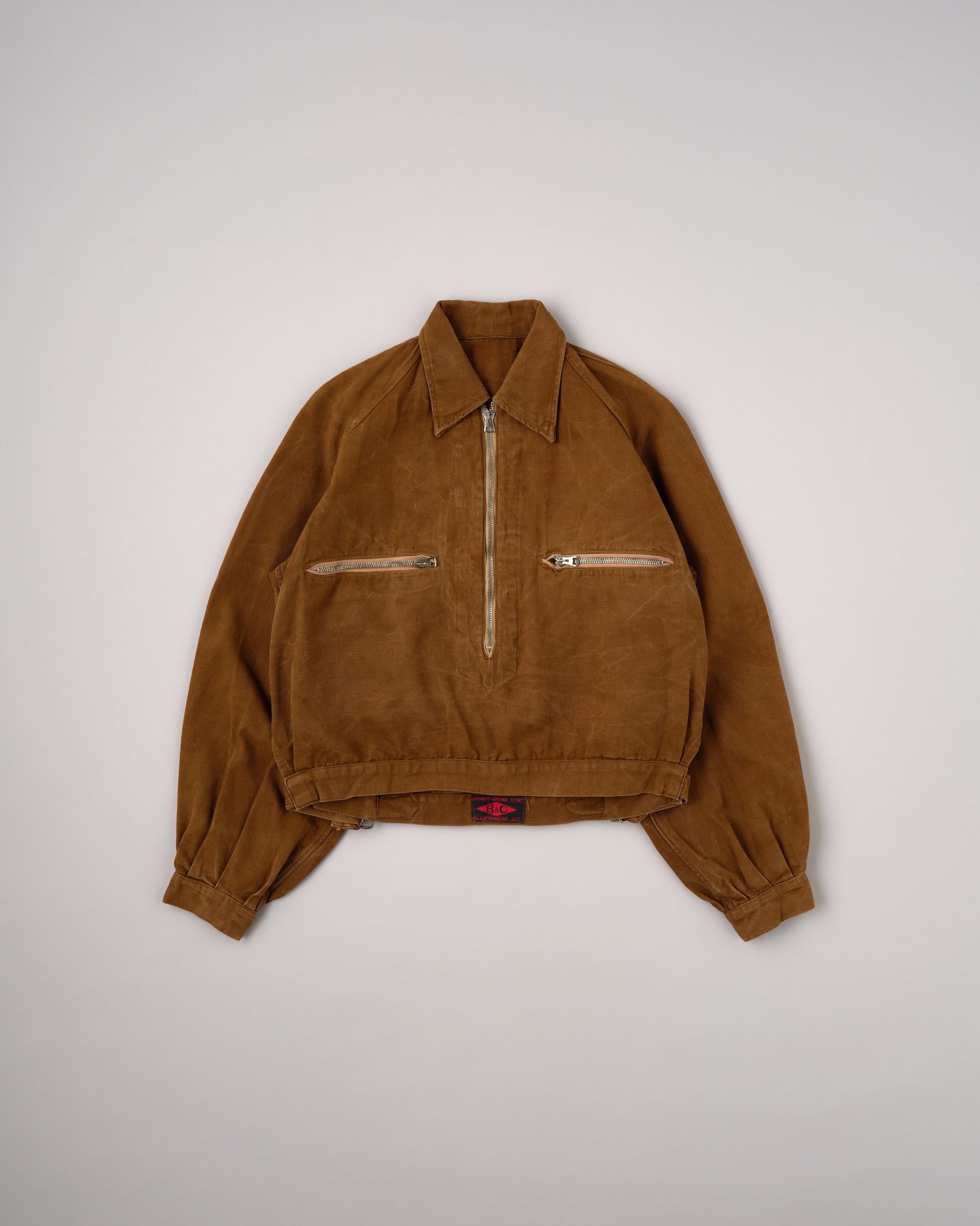 【~40's】French Vintage Raglan Sleeve Brown Cotton Pullover Cyclist Jacket