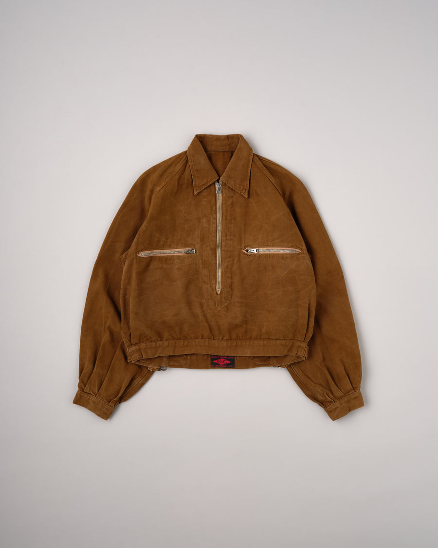 【~40's】French Vintage Raglan Sleeve Brown Cotton Pullover Cyclist Jacket の全体写真