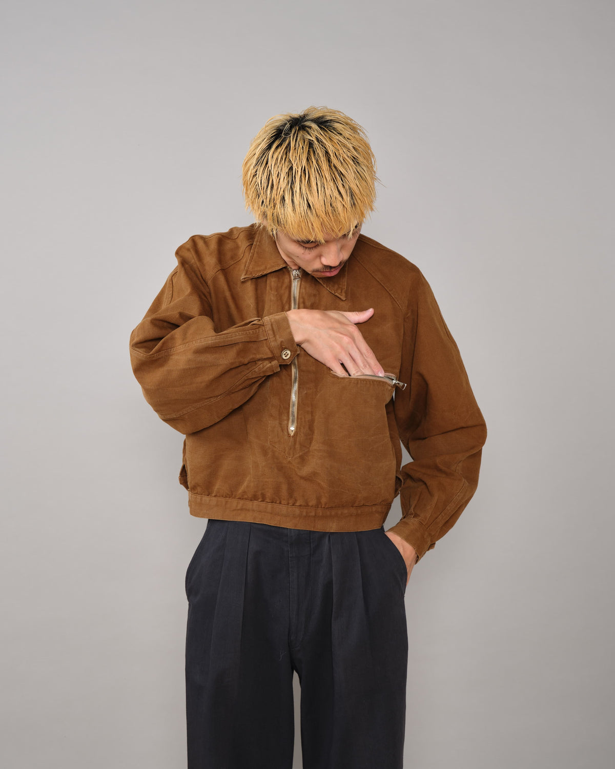 【~40's】French Vintage Raglan Sleeve Brown Cotton Pullover Cyclist Jacket