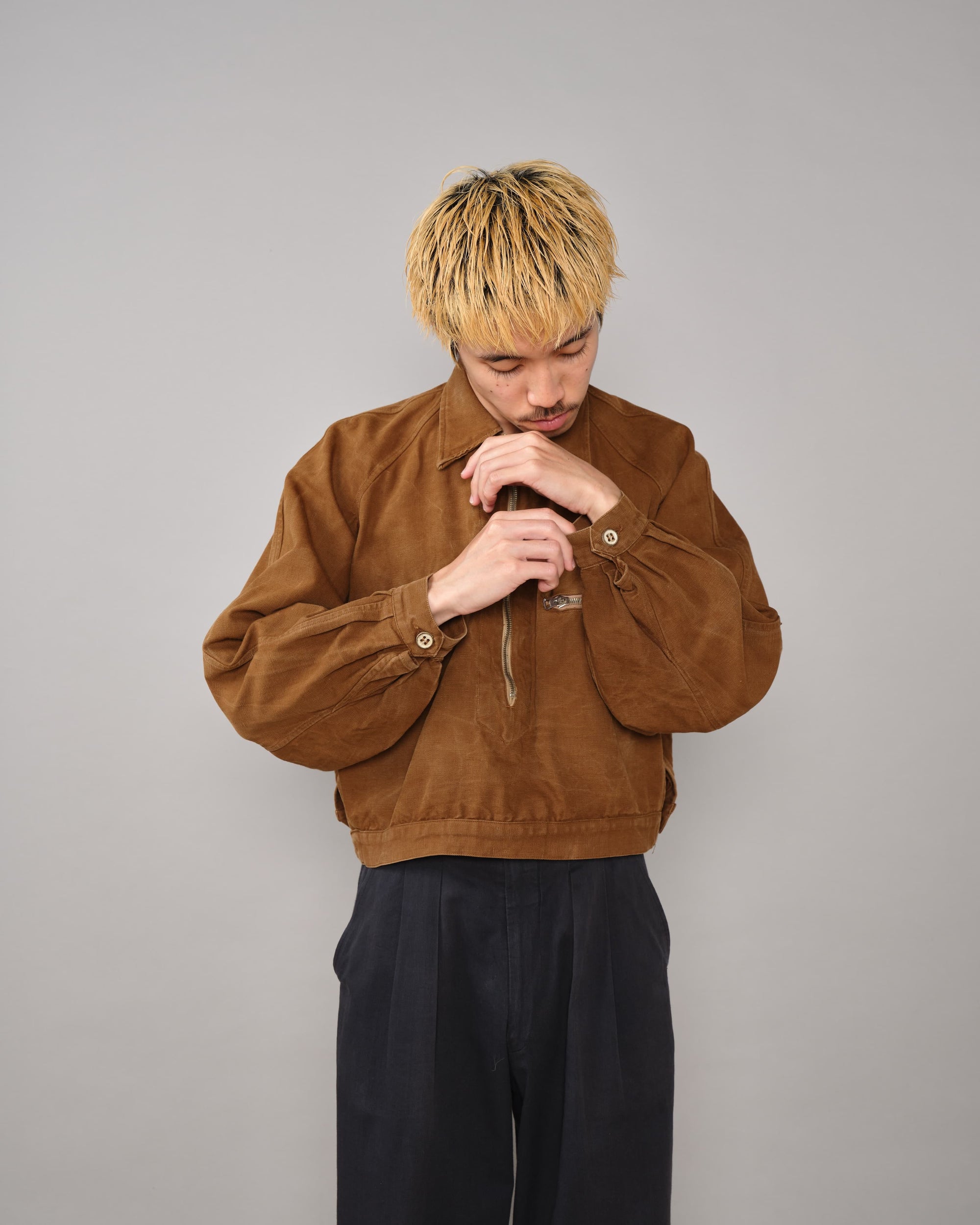 【~40's】French Vintage Raglan Sleeve Brown Cotton Pullover Cyclist Jacket