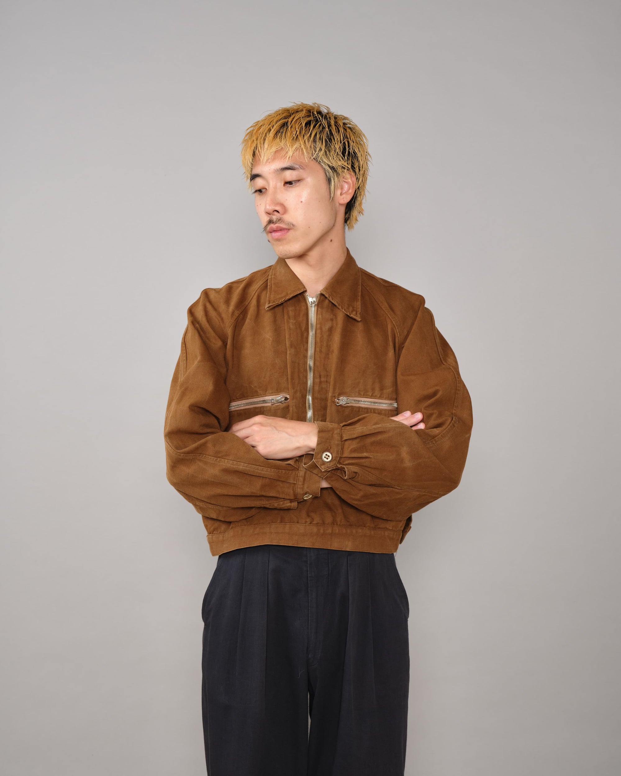 【~40's】French Vintage Raglan Sleeve Brown Cotton Pullover Cyclist Jacket