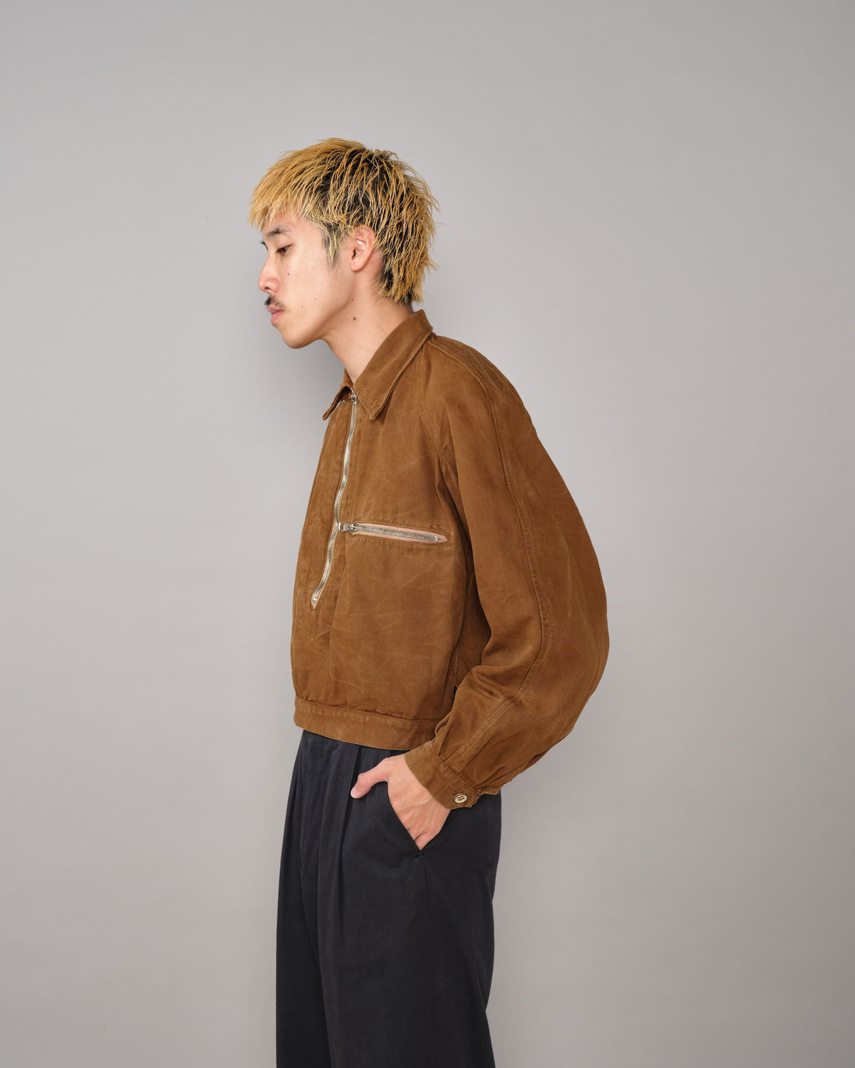 【~40's】French Vintage Raglan Sleeve Brown Cotton Pullover Cyclist Jacket