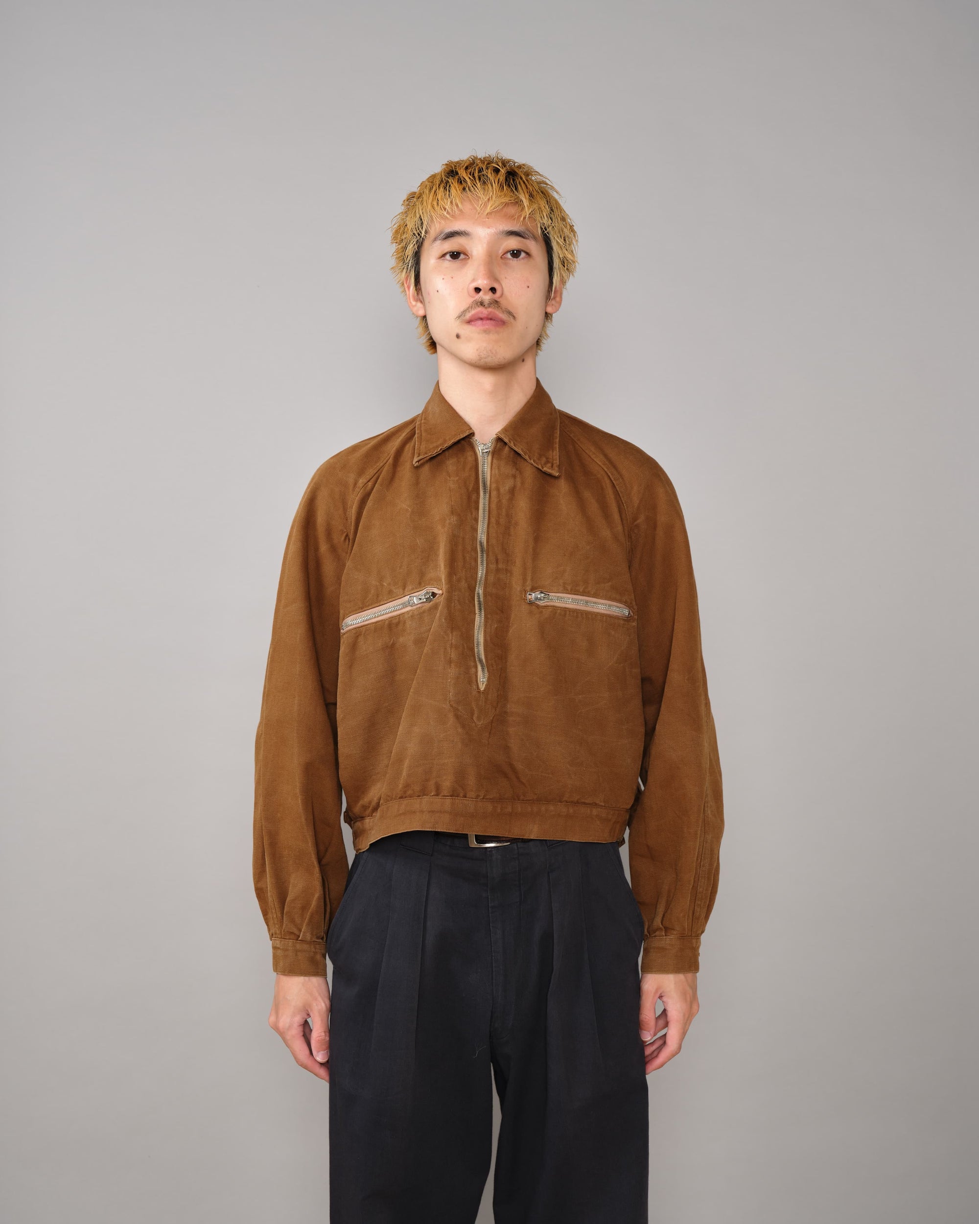 【~40's】French Vintage Raglan Sleeve Brown Cotton Pullover Cyclist Jacket