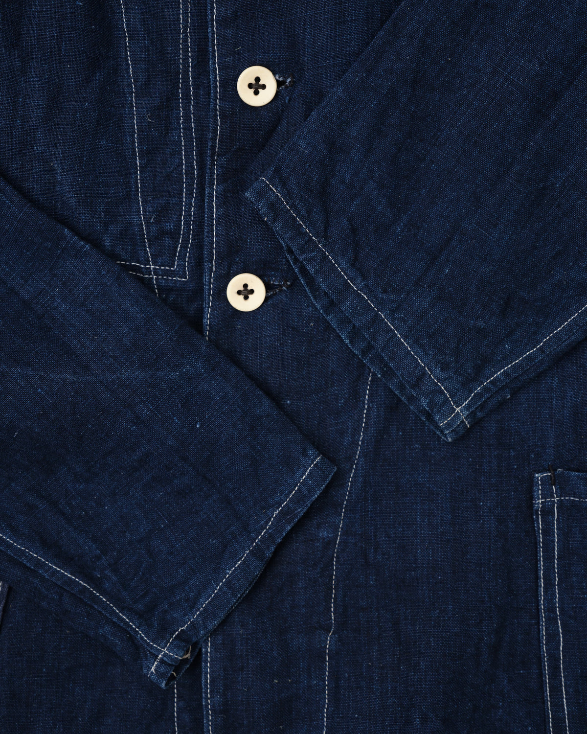 [~30's] French Vintage Indigo Linen Stand Collar Work Jacket